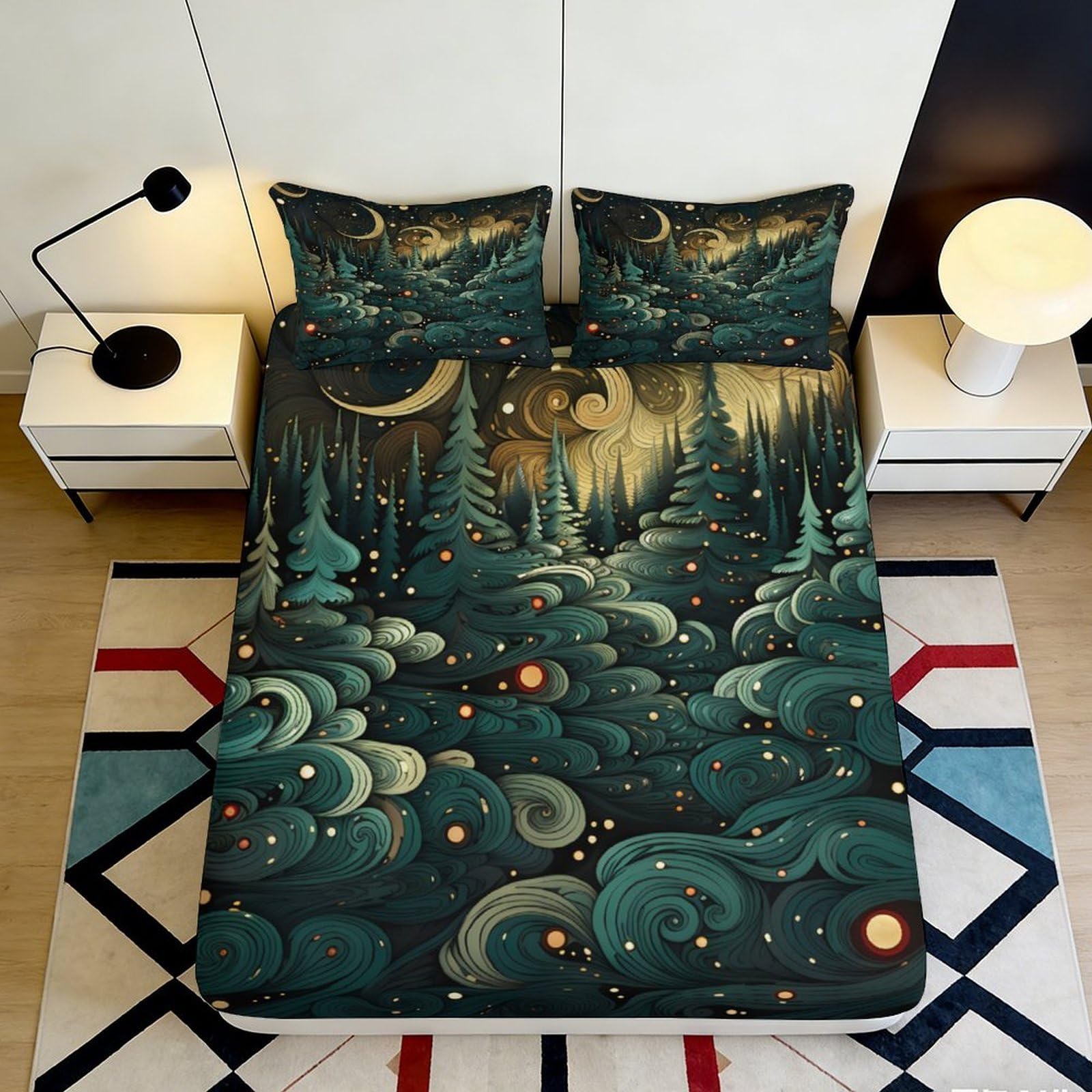3D Printed Mystical Forest Fitted Sheet Microfiber Soft Breathable Starry Night Bed Cover for Bedroom Dormitory Guest Room Mattress Protection Decor 160x200x25cm