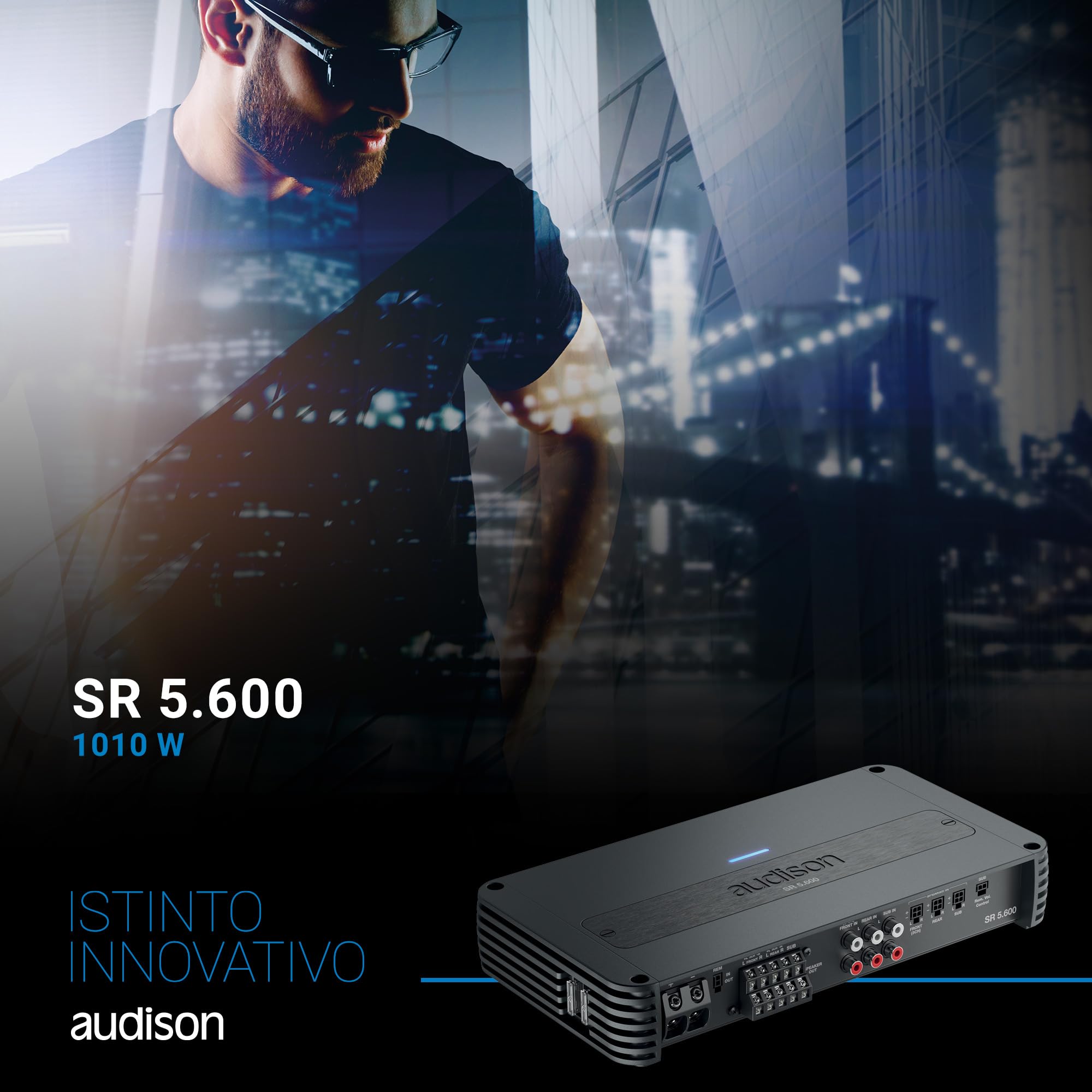 Audison SR 5.600 – Amplificatore 5 Canali Classe D con Tecnologia ADT, Potenza Totale 1010 W RMS, Crossover Integrato e Ingressi OEM/Aftermarket