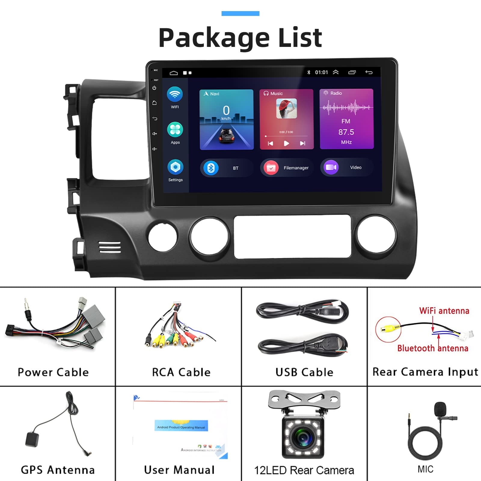 Car Stereo Radio with Apple CarPlay Android Auto for Honda Civic 2006 2007 2008 2009 2010 2011 10.1 Inch Android Touch Screen Bluetooth Car Radio with GPS Navigation WiFi Backup Camera External Mic