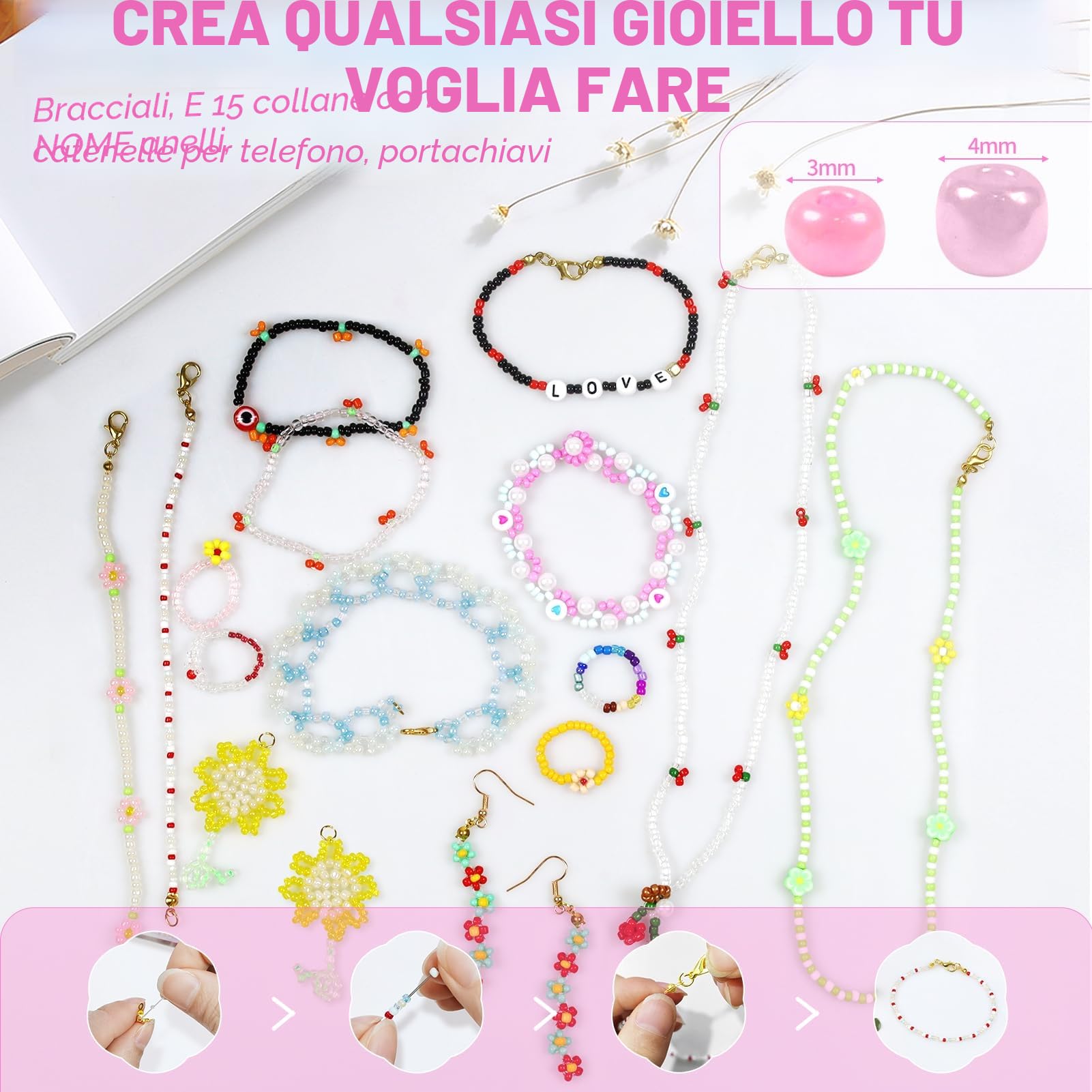 12000pcs 4mm Perline per Braccialetti, 96 Farben Kit Braccialetti con Lettere Perline, occhi malvagi，perline per bigiotteria fai da te, usato per DIY braccialetti, collane, cavigliere, ecc