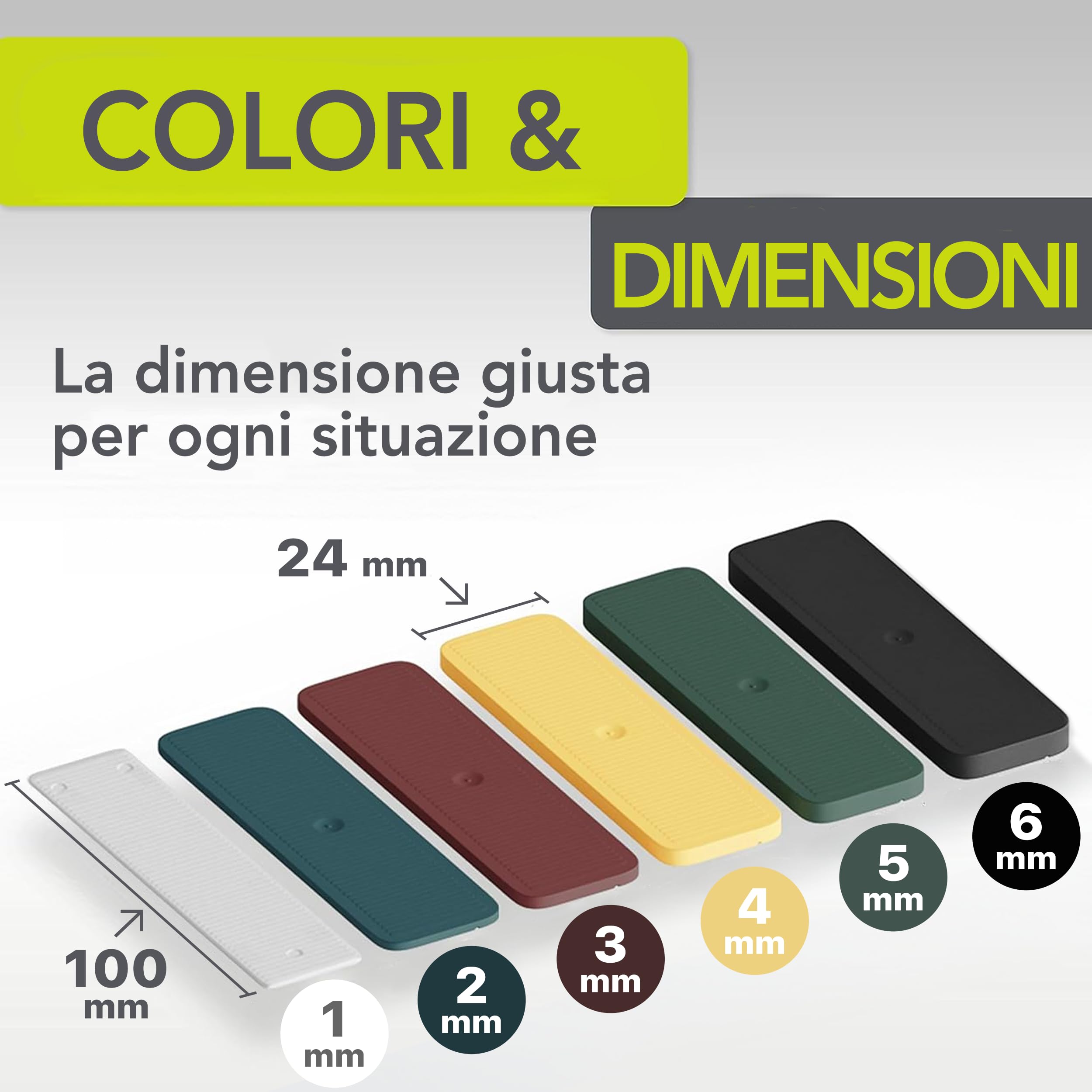 INNONEXT® Distanziatori | Blocchi per vetri | 24 x 100 mm Mix | Made in Germany | in set: 1, 2, 3, 4, 5, 6 mm | Piastre inferiori, distanziatori in plastica, distanziatori