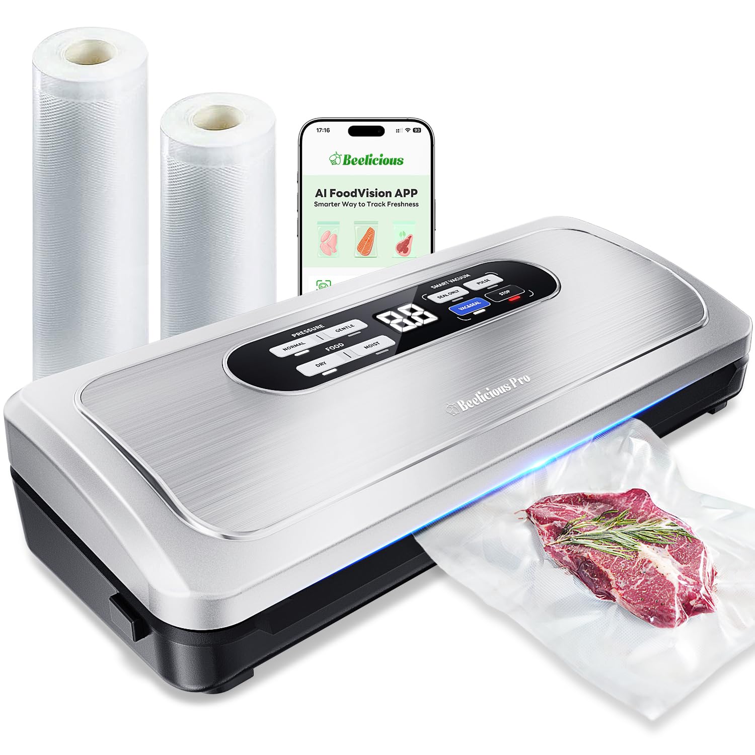Vacuum Sealer Machine with AirLock ProSeal System, 10-in-1 Vacuum Sealer for Food, Dry &amp; Moist Modes, Compact Design with Digital Timer, Built-in Cutter &amp; Roll Storage, Stainless Steel
