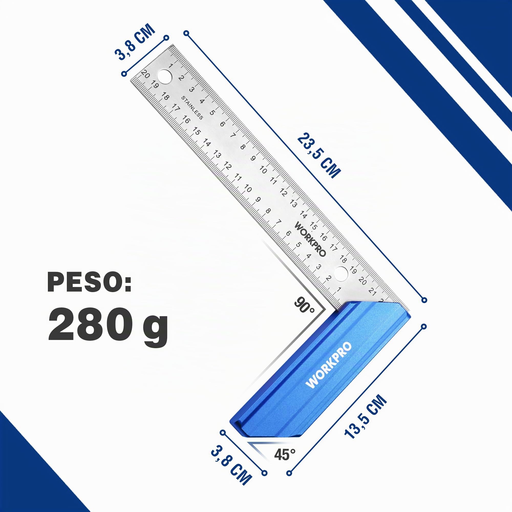 WORKPRO Escuadra para Carpintería con Mango de Aluminio, Precisión Cuadrada 200mm para Uso Profesional de Carpintería y Regla de Acero Inoxidable de Primera Calidad