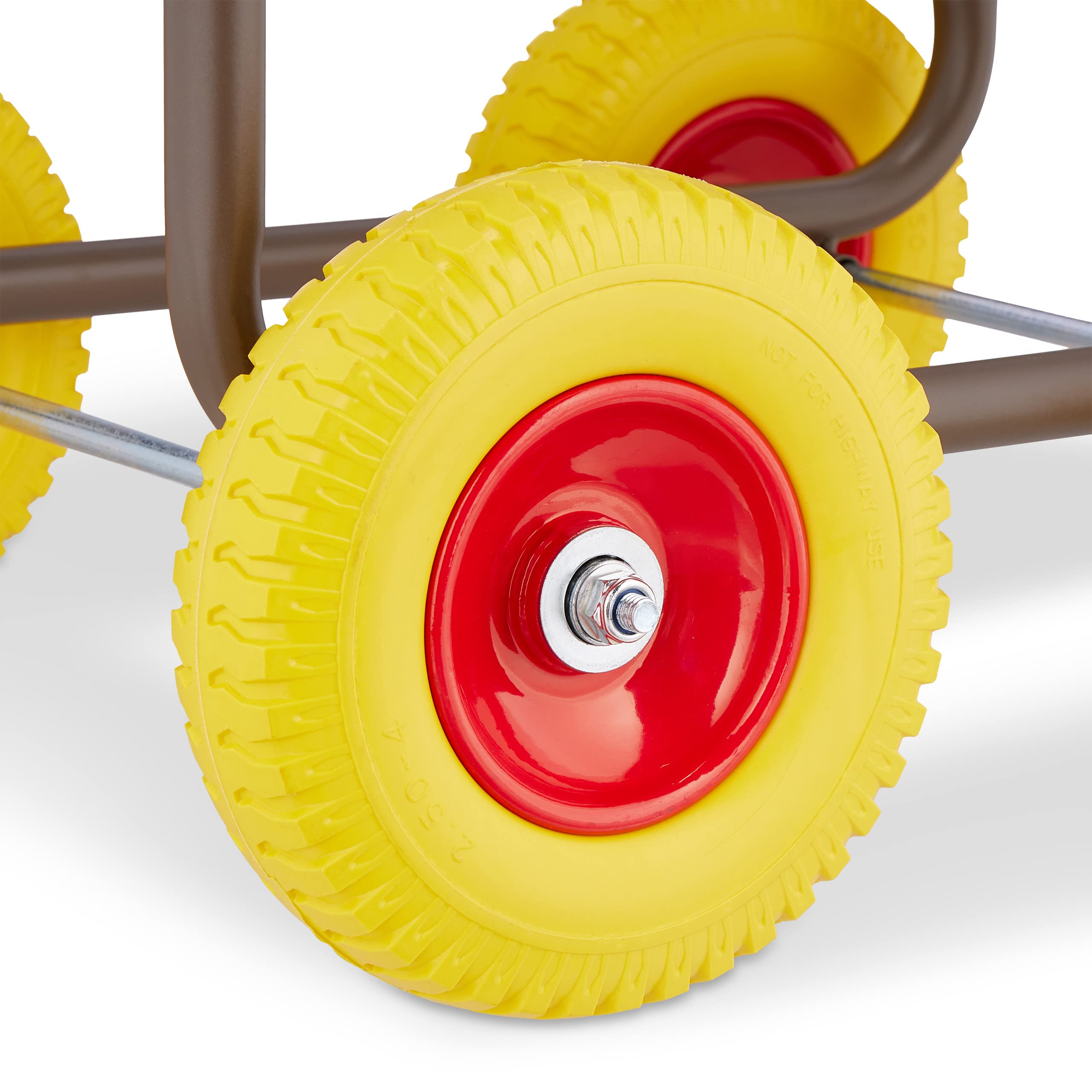 Relaxdays Schlauchwagen, bis 60 m, 4 Vollgummireifen, Klickkupplung, Schlauchtrommel Metall, Schlauchabroller, braun