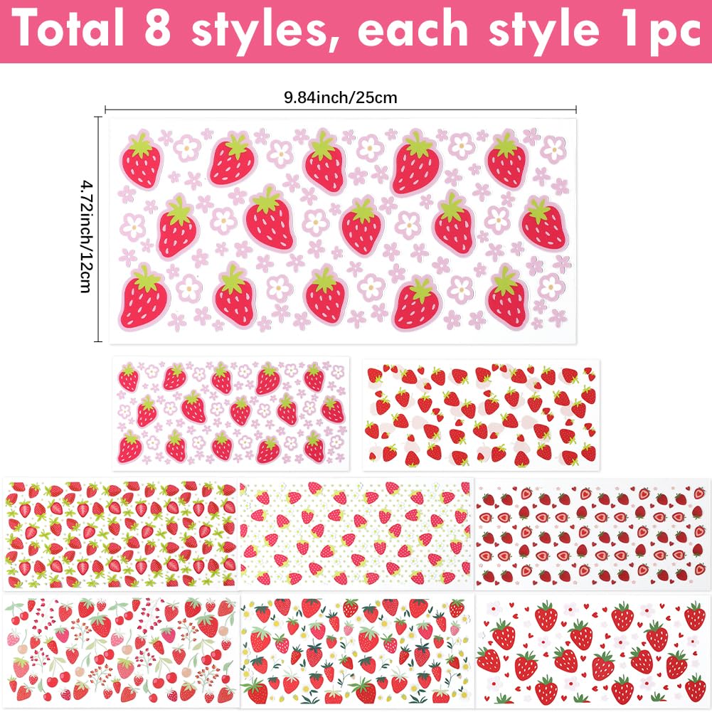 SOFPLATE 8 Styles Red UV DTF Cup Wraps Cute Transfer Stickers Bulk Plastic Sweet Pink Rectangular Transparent Strawberries Stickers for Glass Cups Bottle DIY Crafts Furniture Decorations Creative Gift - Image 2
