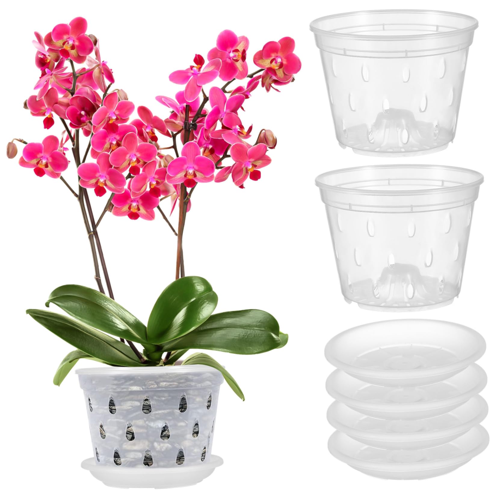 Lot De 3 Pot Pour Orchidées Transparent En Plastique Avec Trous De Drainage Et Soucoupes (3