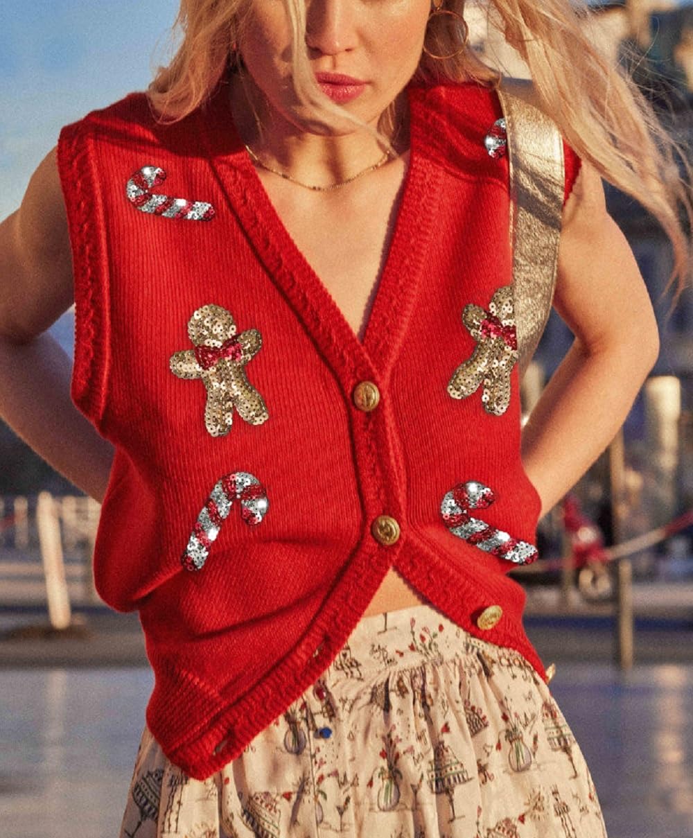 Juakoso Women Christmas Sweater Vest Cute Embroidered Button Front Crochet Tanks Holiday Sequin Knit Vest Top Xmas Clothes - Image 2