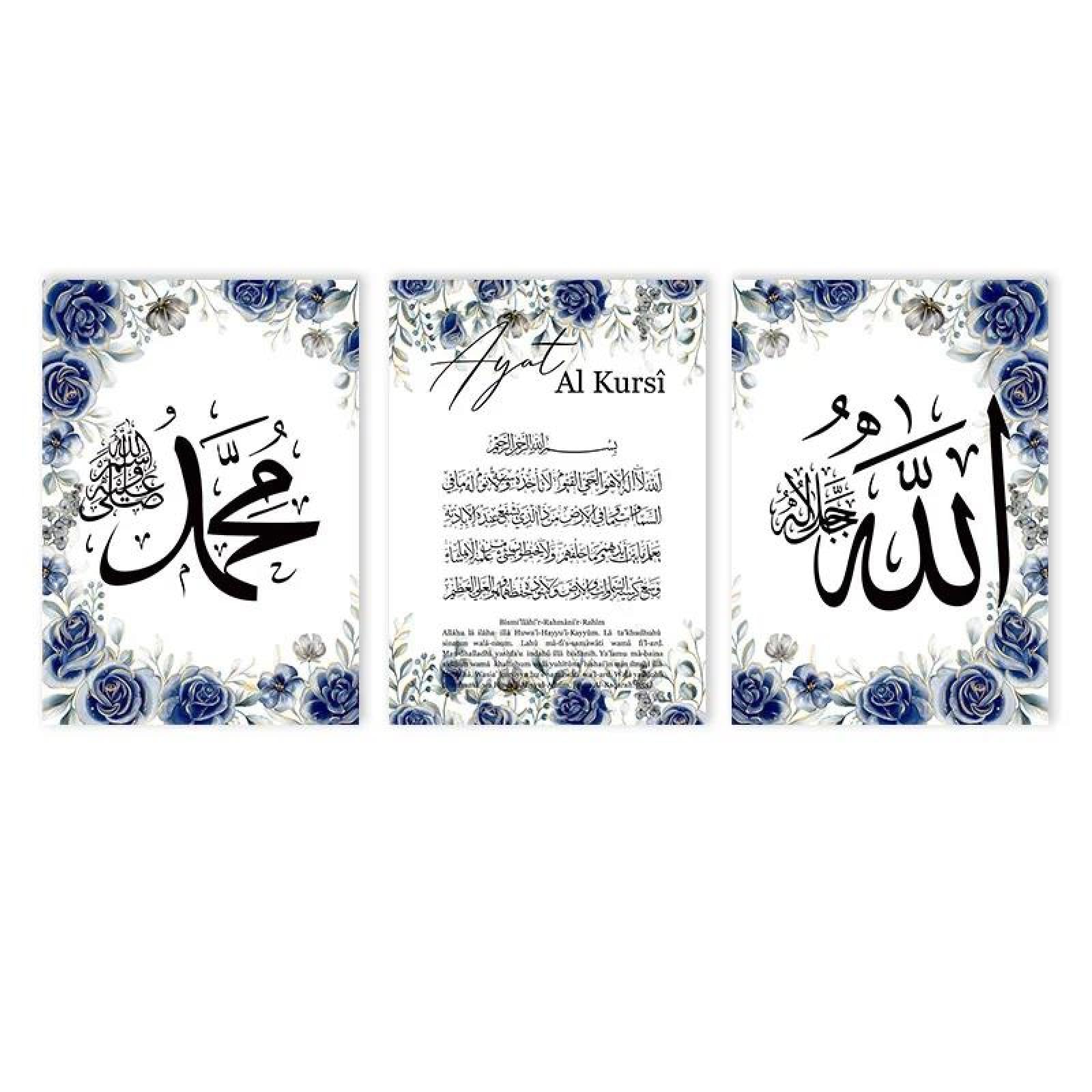 Baibexing Islamic Calligraphy Ayatul Kursi Quran Allah Posters Floral Blue Wall Art Canvas Painting Print Picture Modern Living Room Decor 21X30Cmx3Pcs Unframed