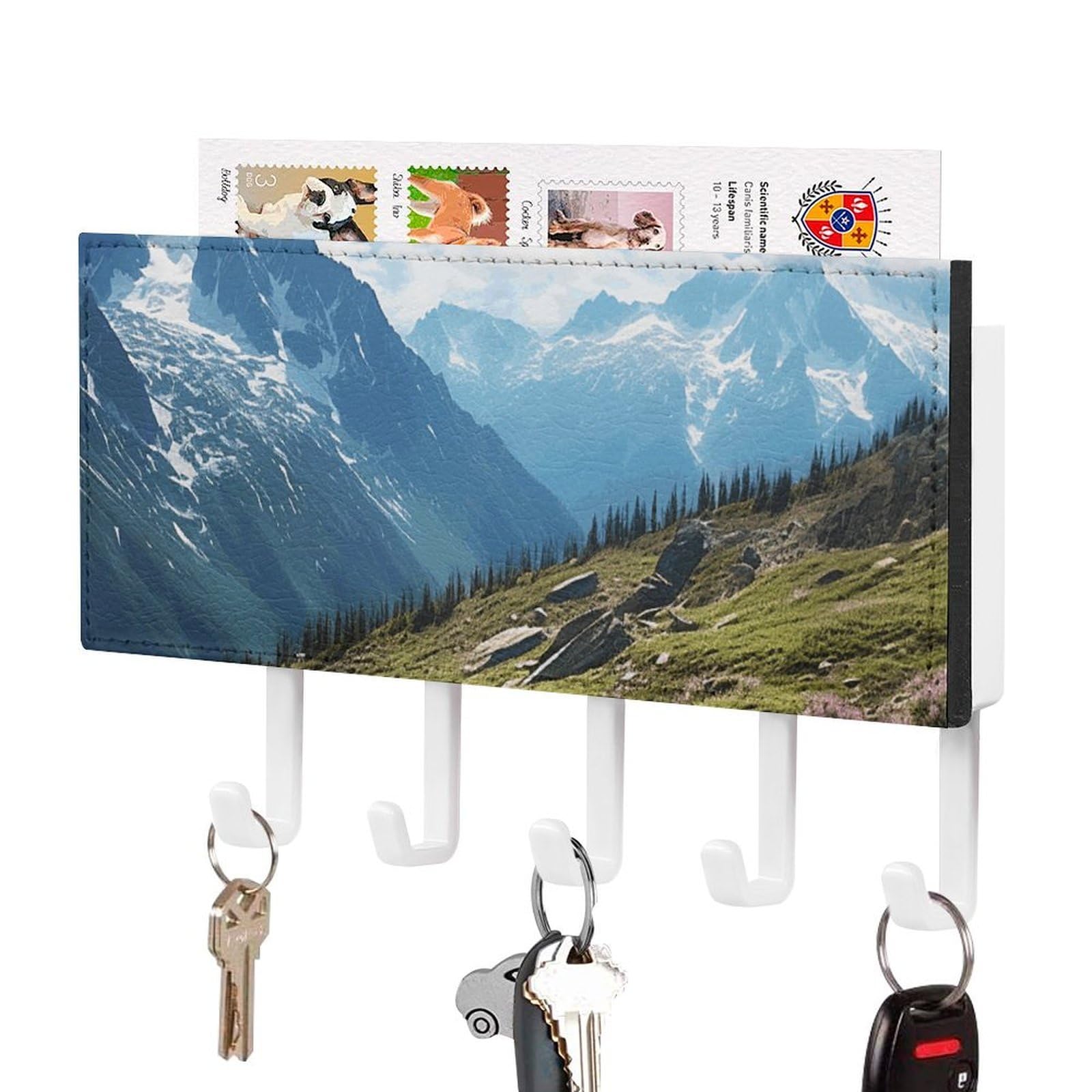 DWVTSLH Mountains Key Holder for Wall, Decorative Key Hooks with Mail Organizer & 5 Hooks, Self Adhesive Leather Key Hanger for Entryway, Wall Mounted Key Rack (7.1” X 4.3” X 0.9”)