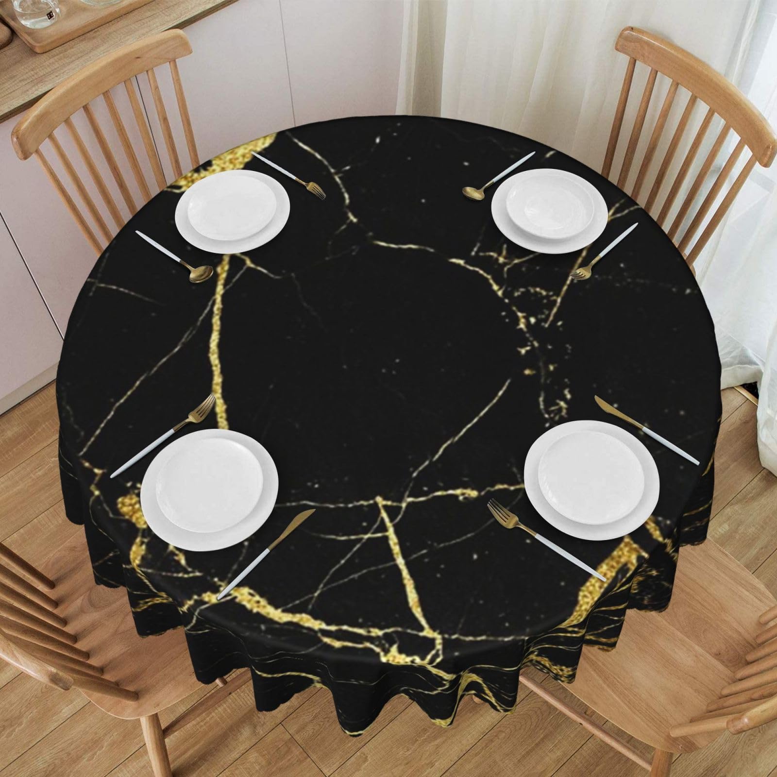 DCEHGEW 60 In Round Tablecloth with Lace, Black Gold Marble Printed Oilproof & Washable Fabric Picnic Table Cloth Table Covers