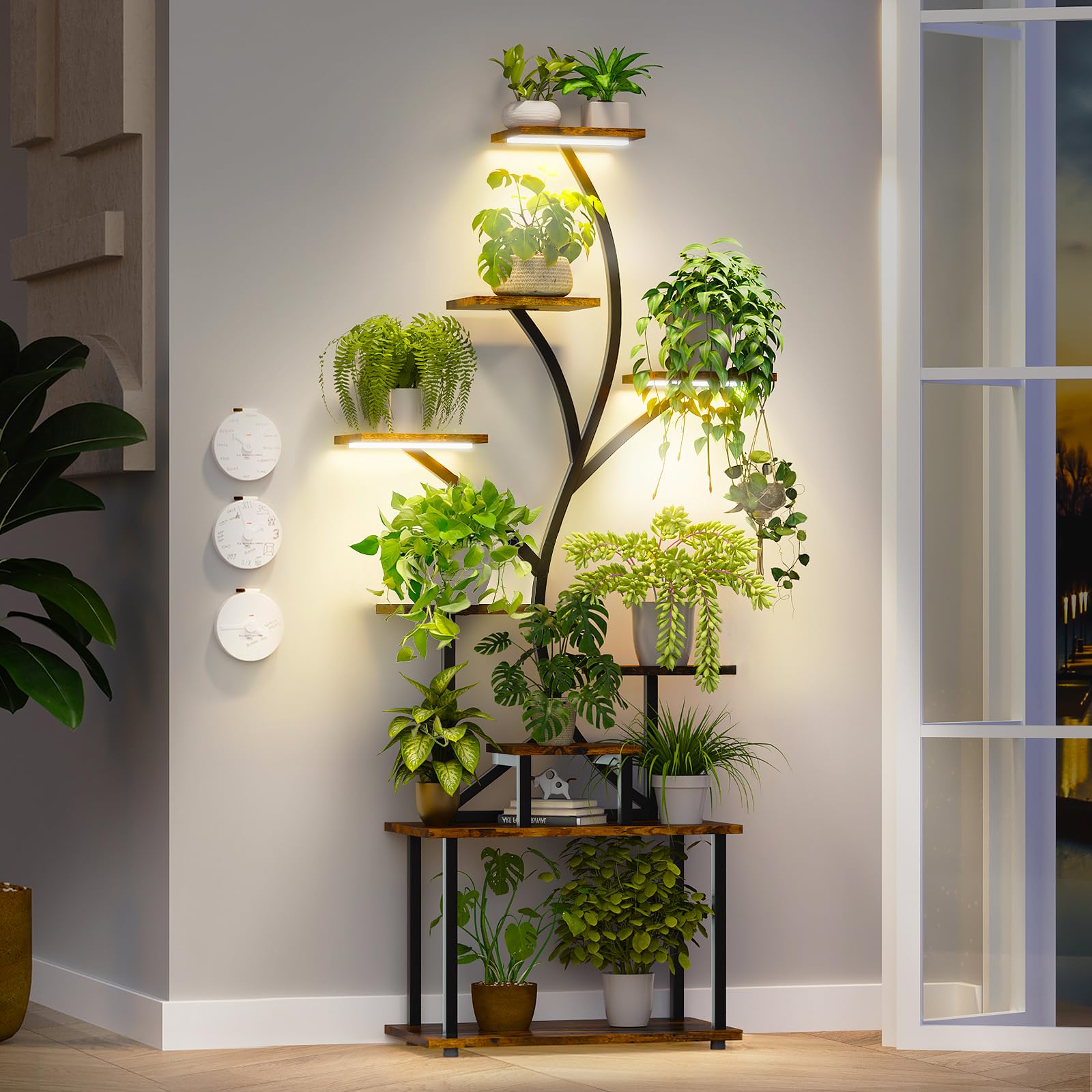 Soporte Plantas Interior de 9 Pisos con Luz de Crecimiento, 161 CM Estanteria para Plantas de Metal Altas Forma de S para Múltiples