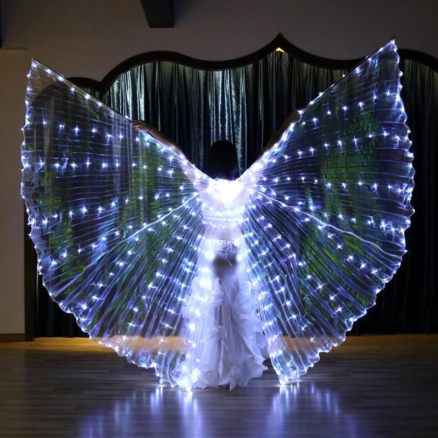 Ailes LED Isis, ailes pour danse du ventre avec ailes de papillon LED colorées et bâtons télescopiques lumineux - Costume de performance pour carnaval, scène, Halloween, Noël, fête (Adulte, Blanc