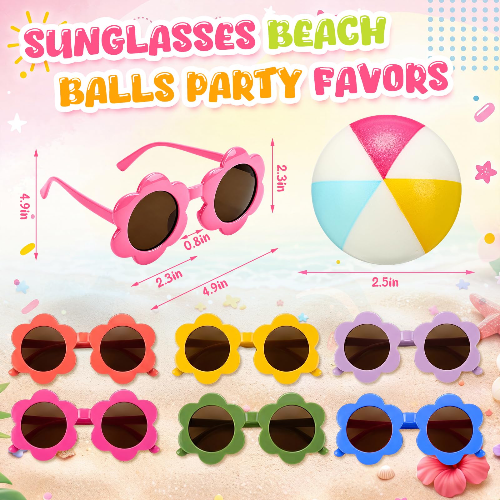 Jerify 48 palline da spiaggia antistress occhiali da sole all'ingrosso per feste estive in spiaggia bomboniere 24 mini palline da 6,3 cm in PU 24 occhiali da sole per bambini con fiori Goodie Bag