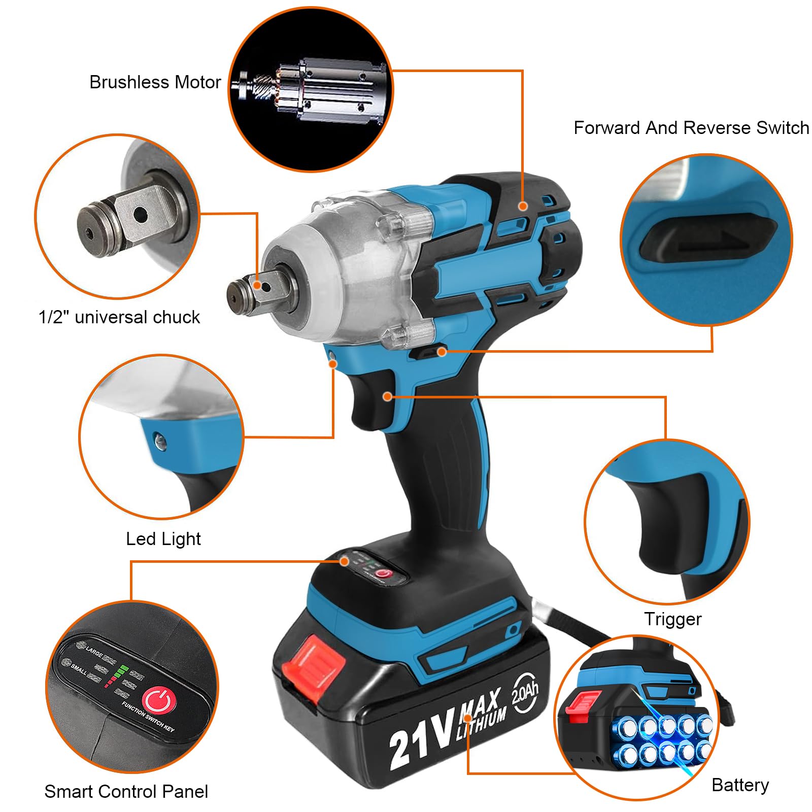 Clé à Chocs électriques,320 N·m Clé à Chocs Sans Fil Brushless avec 2.0Ah Batterie 21V 4 Douilles à Chocs (17 mm/19 mm/21 mm/22 mm)，Pour le changement de pneus, le serrage et le démontage de boulons