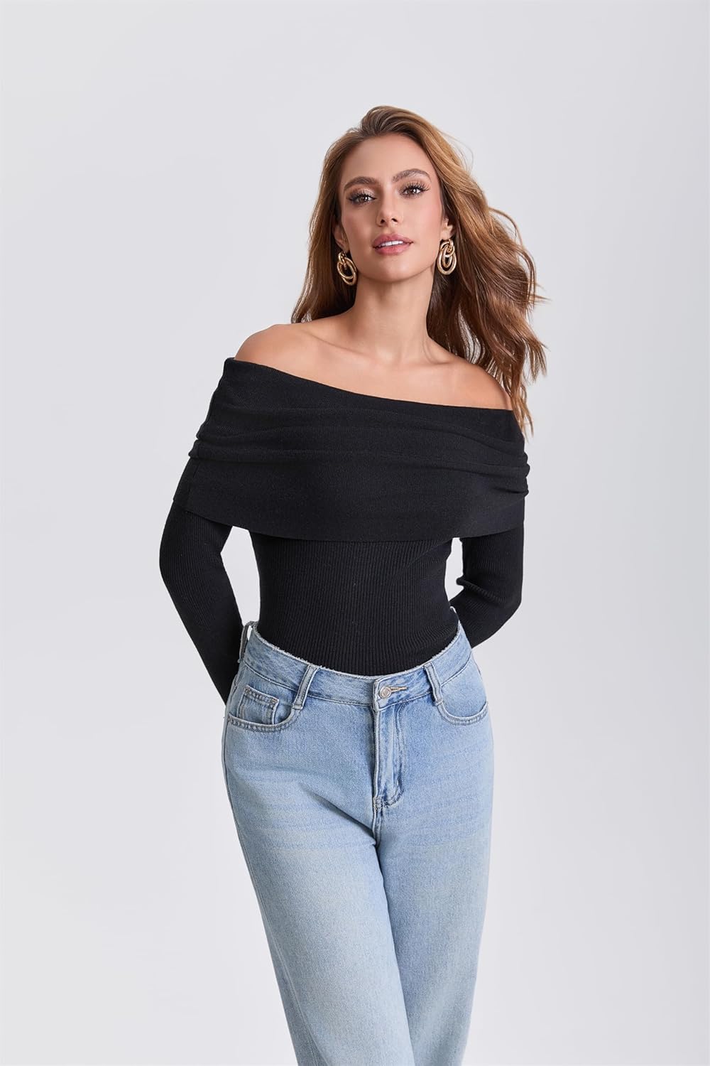 Women's Off The Shoulder Sweater 2025 Fashion Versatile Cute Long Sleeve Tops Fall Winter - Image 6