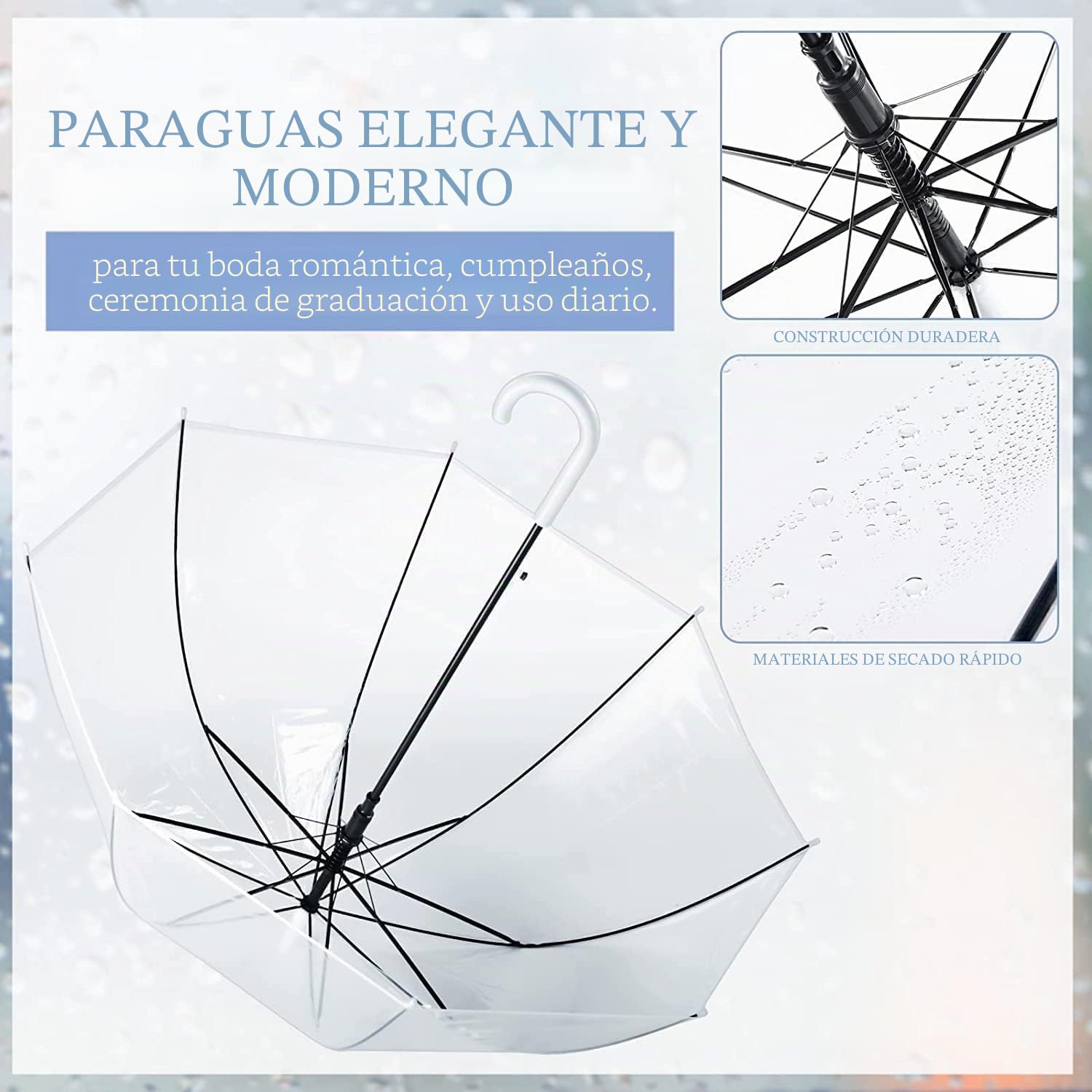 Paraguas transparente para la lluvia adulta, paraguas campana boda foto, graduación y eventos al aire libre - apertura automática, mango gancho cúpula