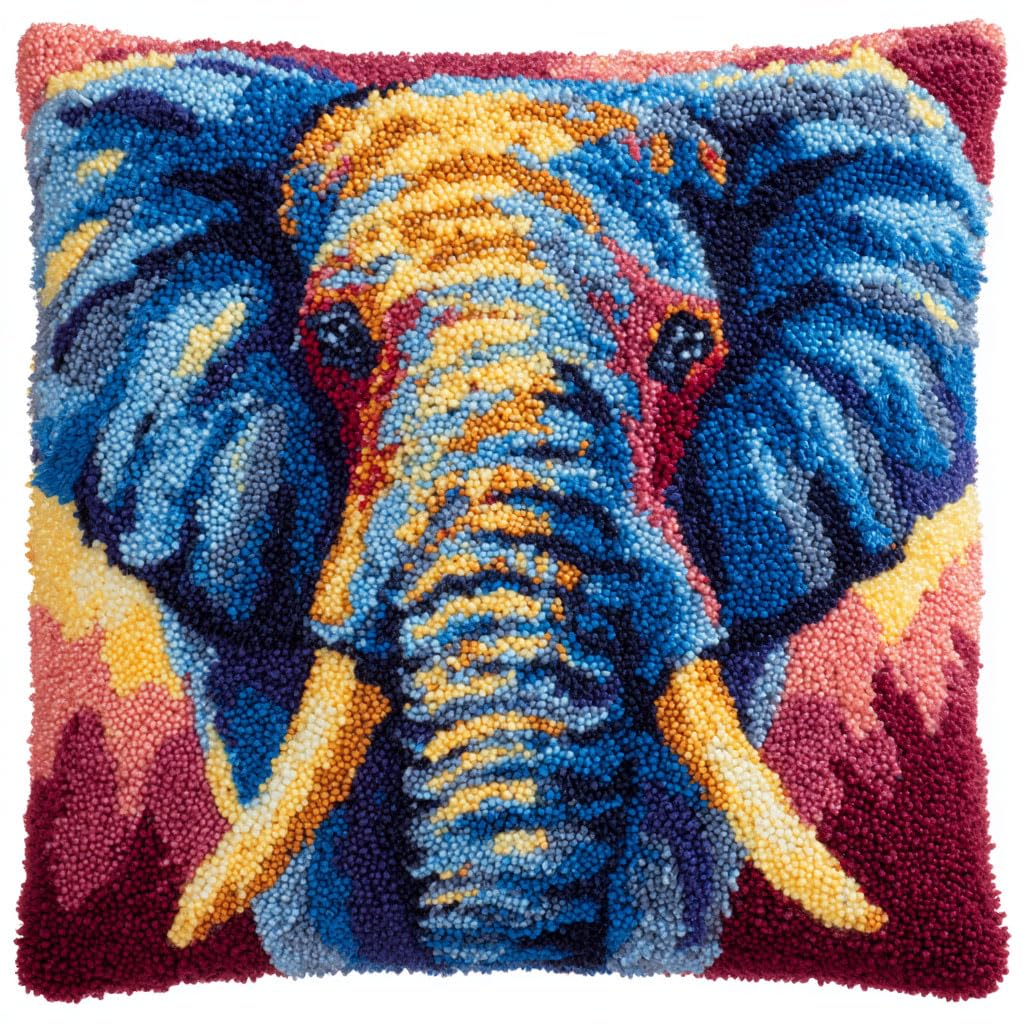 Taxpy Cushion Latch Hook Kit, Animal Elephant DIY Pillow Materials Hooks Knitted Embroidered Pillow Embroidery Latch Hook Carpet Kit,17x17inch