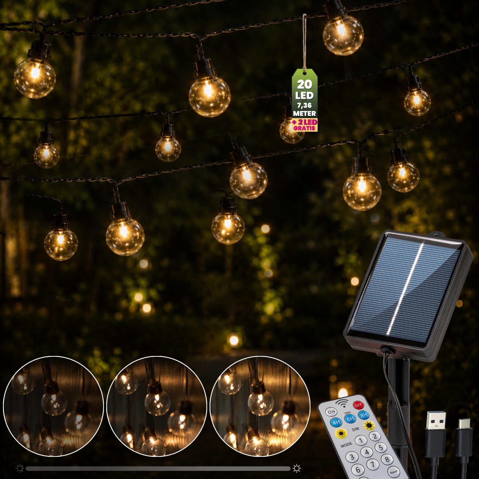 Lumiled Solarny łańcuch świetlny do użytku na zewnątrz, 7 m, 20 diod LED + 2 zapasowe żarówki, pilot zdalnego sterowania, IP44, odporny na warunki atmosferyczne, 8 trybów pracy, ciepła biel, 3000 K
