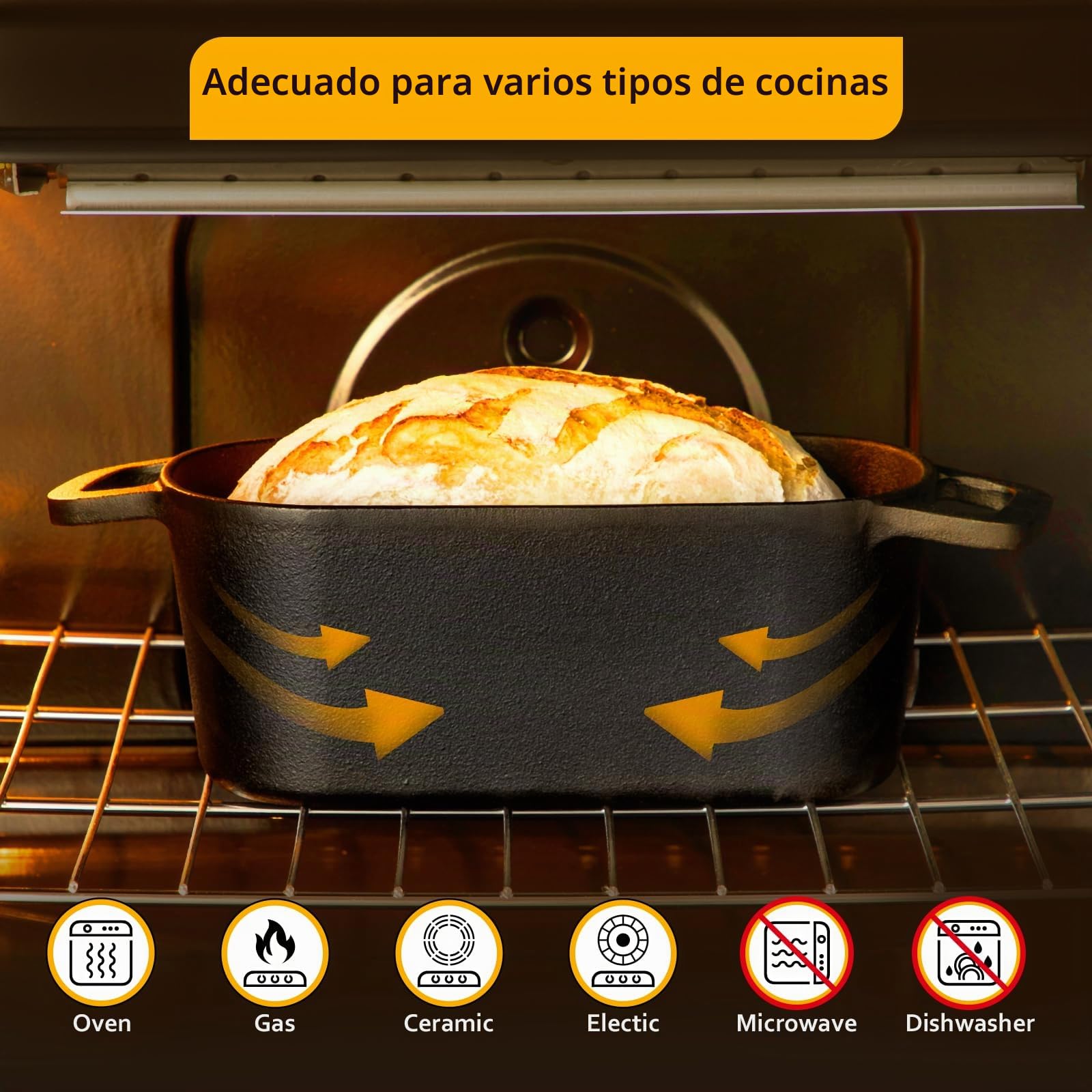 Velaze Olla de Hierro Fundido para Pan 3.4L - Cacerola Holandesa Rectangular 27x15 cm con Tapa, Interior Cremoso Antiadherente - Adecuada para Inducción (Negro)