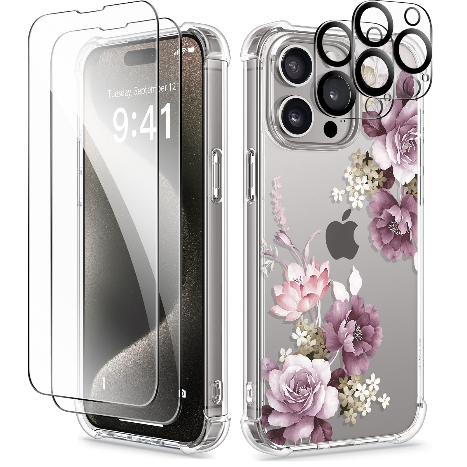 GVIEWIN Case Compatible with iPhone 15 Pro Max 6.7" 2023,withScreen Protector+Camera Lens Protector,Non-yellow Flower Clear PC Slim Shockproof Anti-Scratch Protective Cover,Cherry Blossoms/PurpleClimatePartner certified