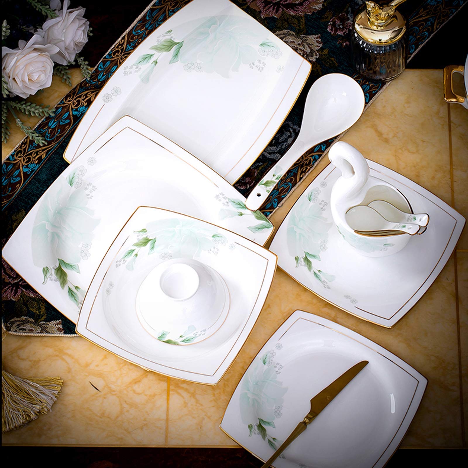 H3TF5J Keramikgeschirrset, 48 Stücke Porzellan -Tischgeschirr, Hochzeitsgeschenkgeschirr, gesunde und umweltfreundliche Knochenchina, Roségold -Aufkleberhandwerk