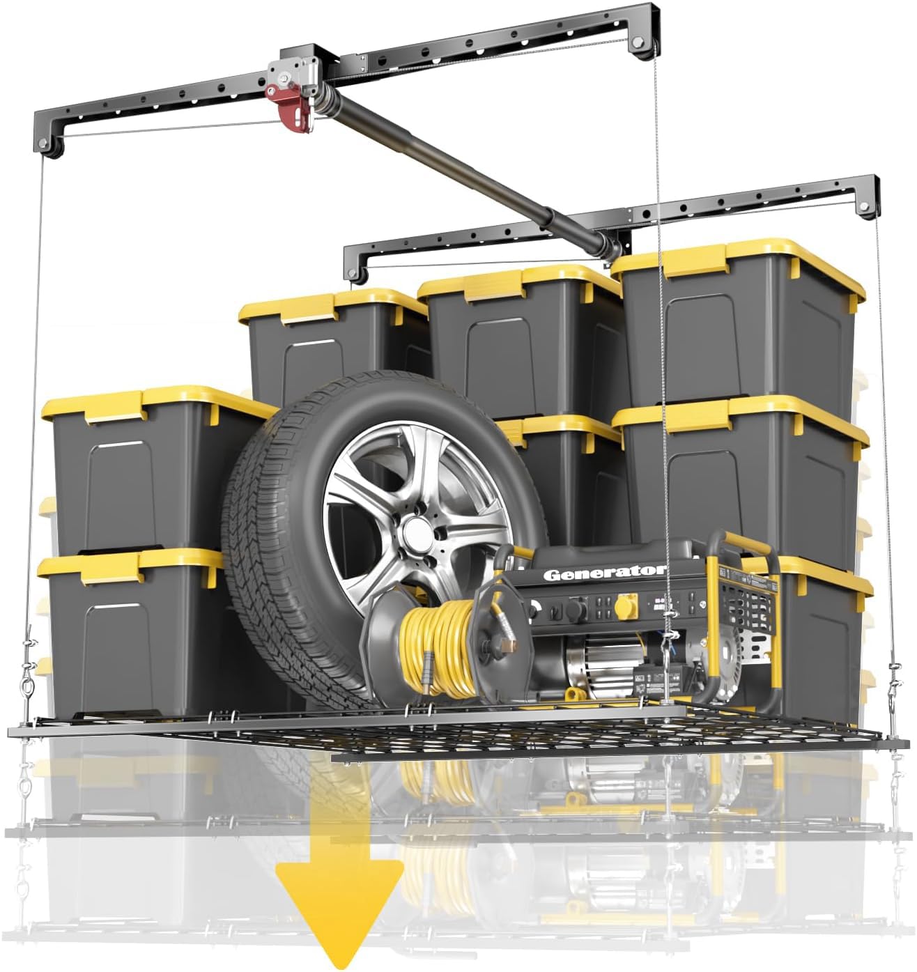 KOKORACKER Overhead Garage Storage Rack, 4x4 Ft Garage Ceiling Storage Lift, Heavy-duty Ceiling Mounted Garage Storage Lift System for Garage Organization, 250lbs Weight Capacity, Polished Finish