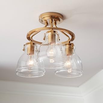 Bellis 14 1/2" Wide Plated Soft Gold 3-Light Ceiling Fixture | Semi-Flush Mount Modern Industrial Clear Glass Shade for Bedroom Kitchen Living Room Hallway Dining House