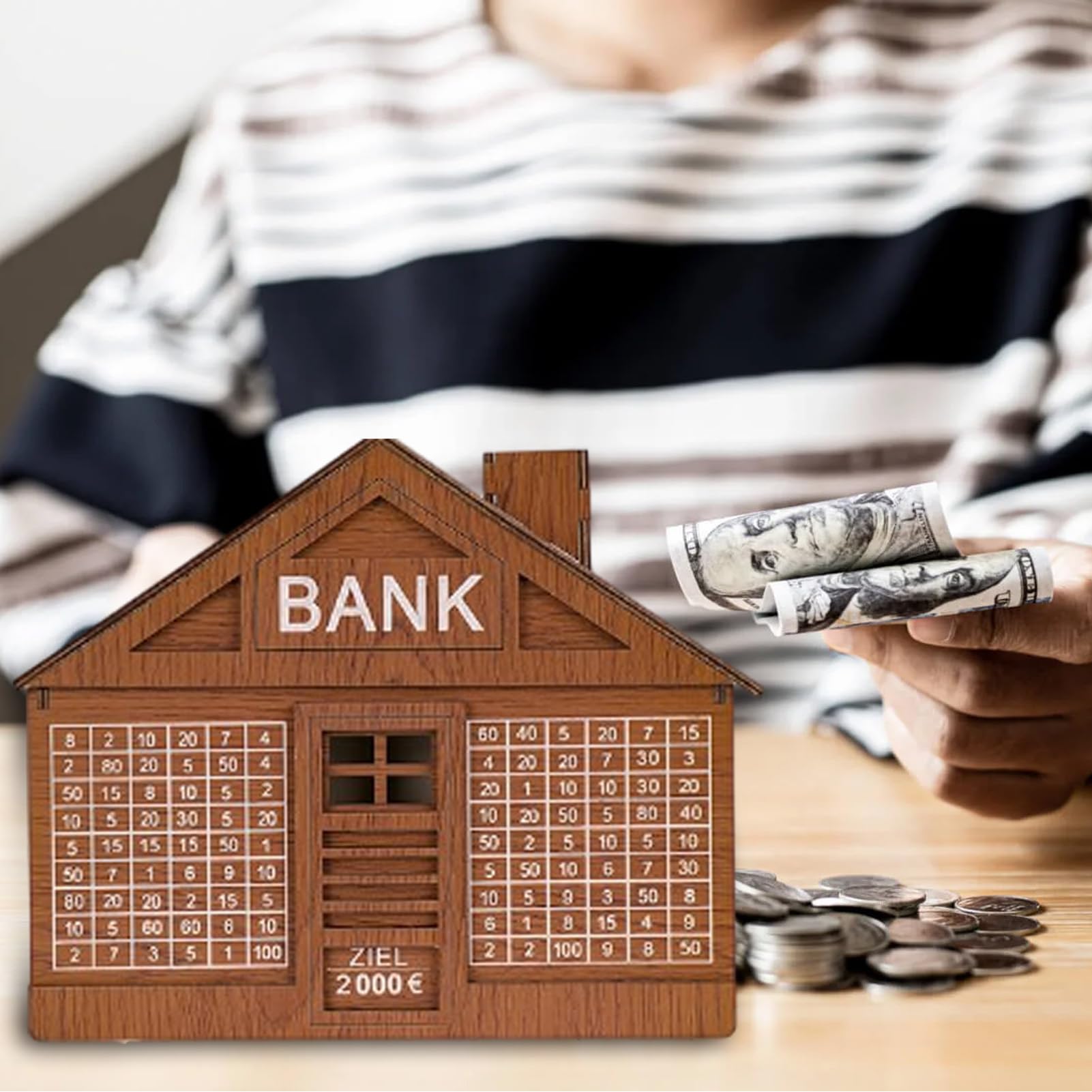 Spaarpot met teller voor 5000 Euro, Afneembare markering houten spaarbox - Herbruikbare geldkast met doel aankruisen