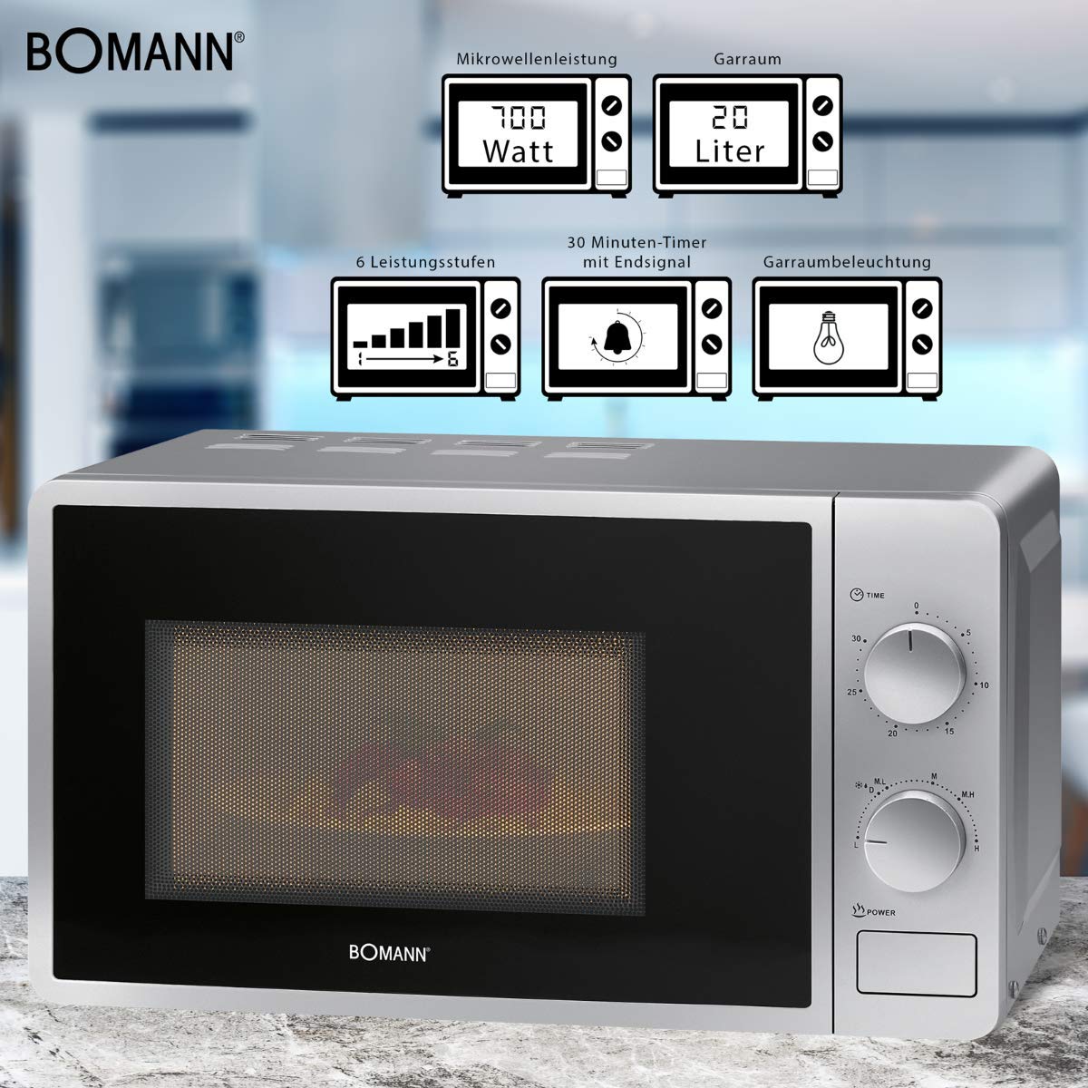 Bomann Kuchenka mikrofalowa z 20 l komory i oświetleniem komory gotowania | Microwave z 6 poziomami mocy | urządzenie do mikrofal z minutnikiem 30 min | mikrofale z talerzem obrotowym Ø 24,5 cm | 700