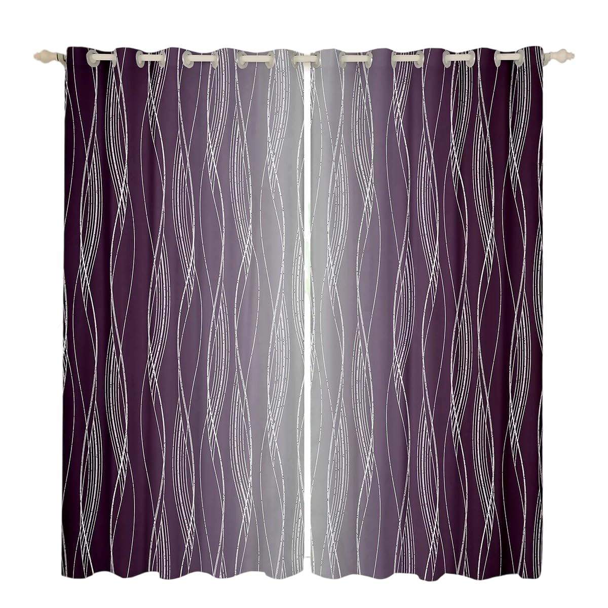 Homewish Purple Grey Curtains & Drapes 66" Wx72 L Geometric Ombre Window Curtains Aesthetics Silver Wavy Striped Blackout Curtains Abstract Gradient Window Treatments 2 Panels Room Decor