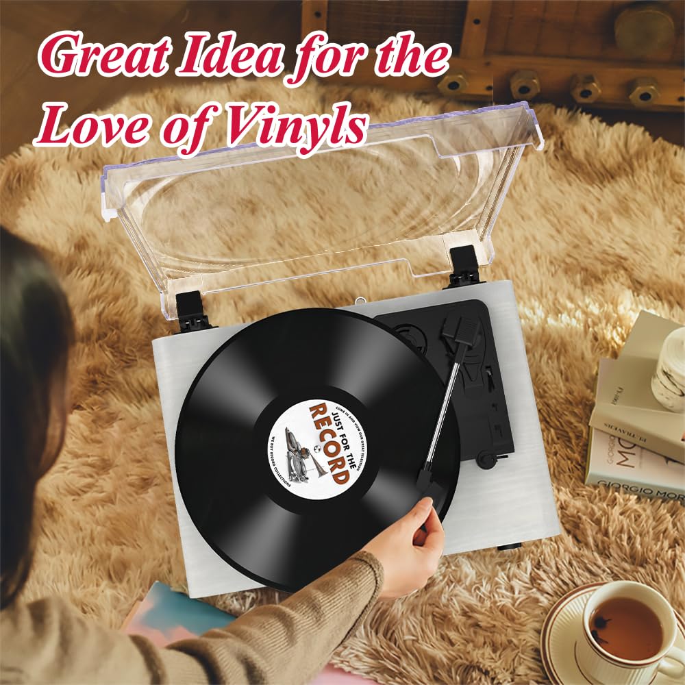 Udreamer Platine Vinyle Bluetooth Tourne Disque Support USB Aux entrée RCA Ligne de Sortie 3 Vitesses Drive Ceinture Arrêt Automatique Miroir Design Blanc
