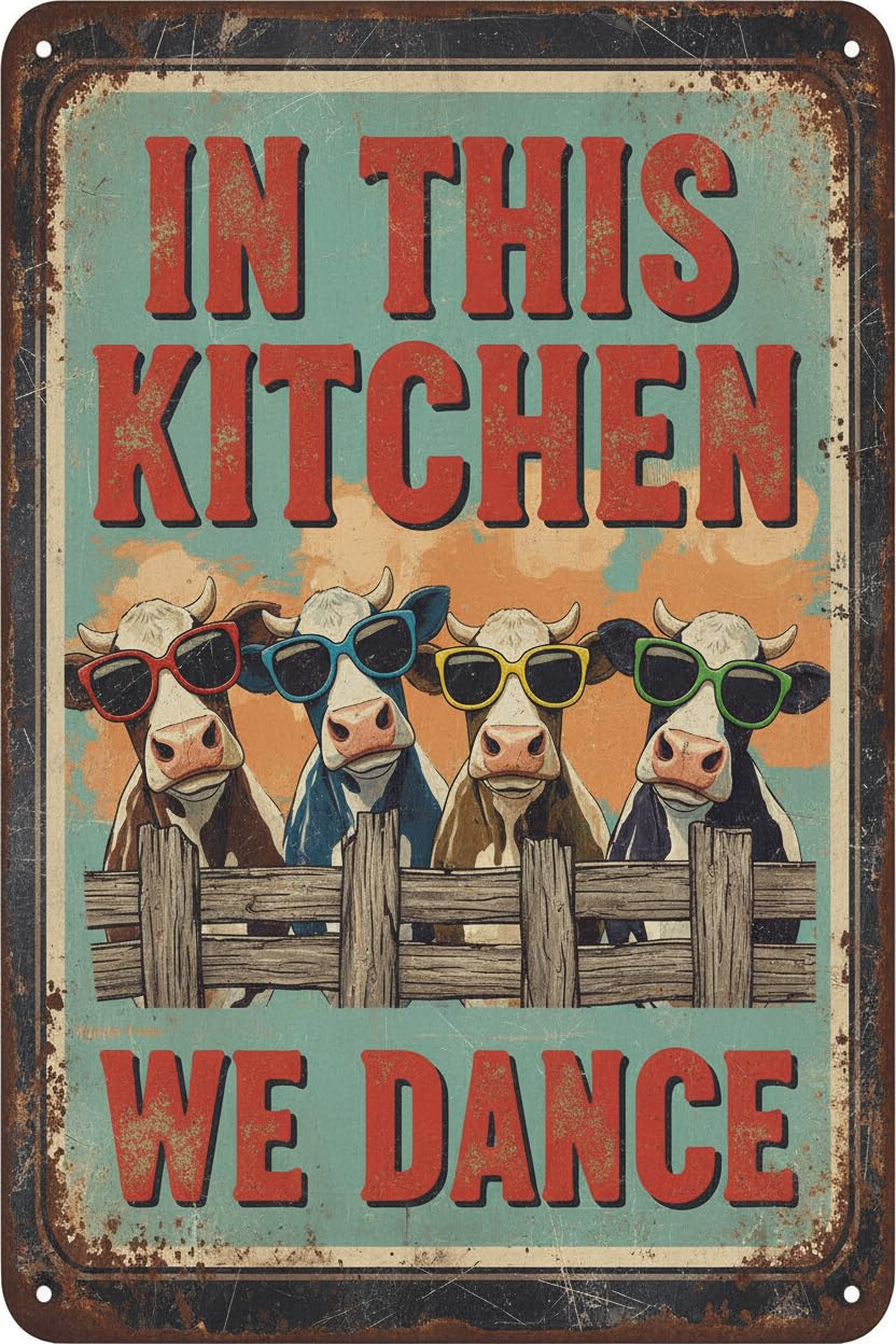 Cow In This Kitchen We Dance Tin Sign, 8x12 Inch