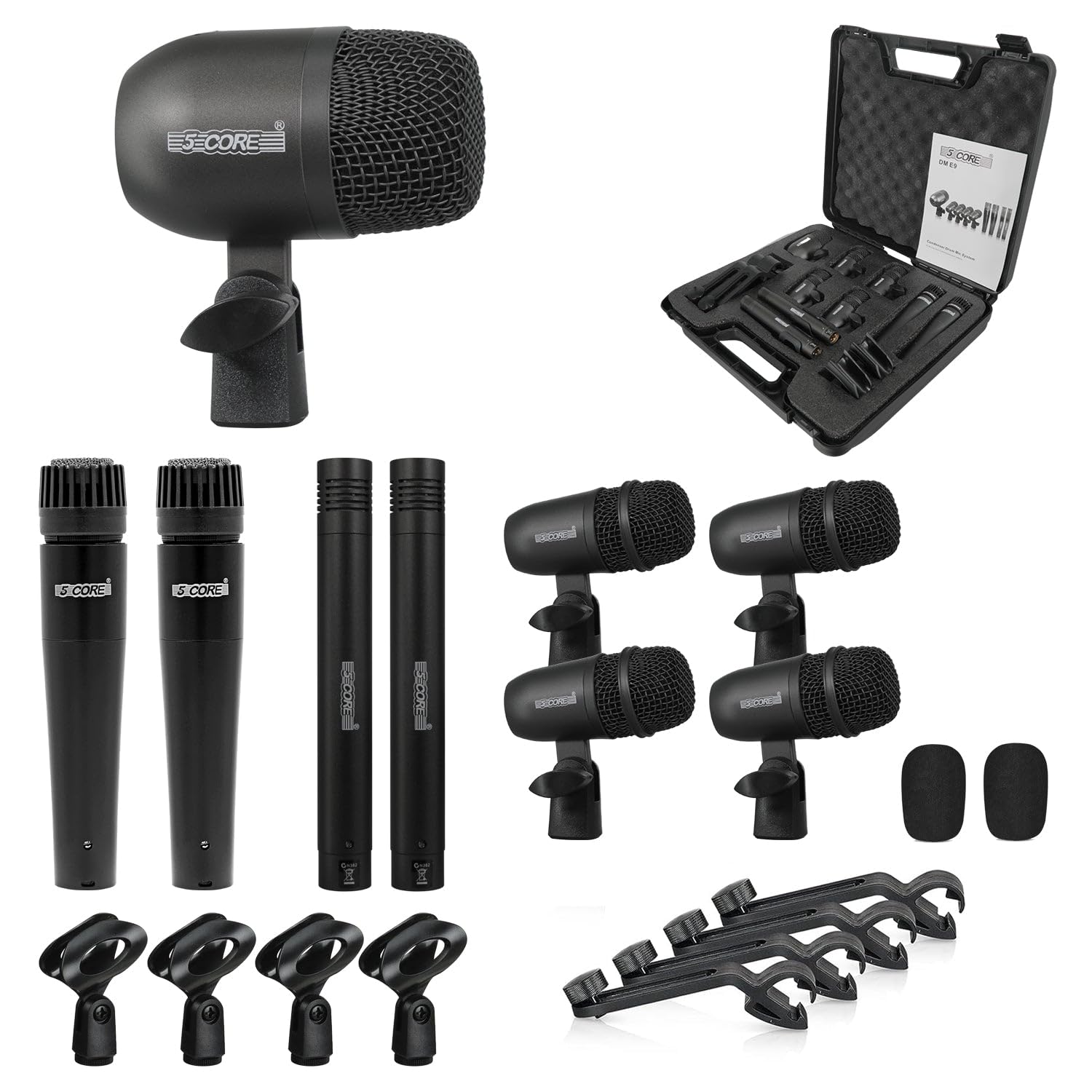 5 CORE Drum Mic Kit 9 Piece All Metal Drummer Microphone Set