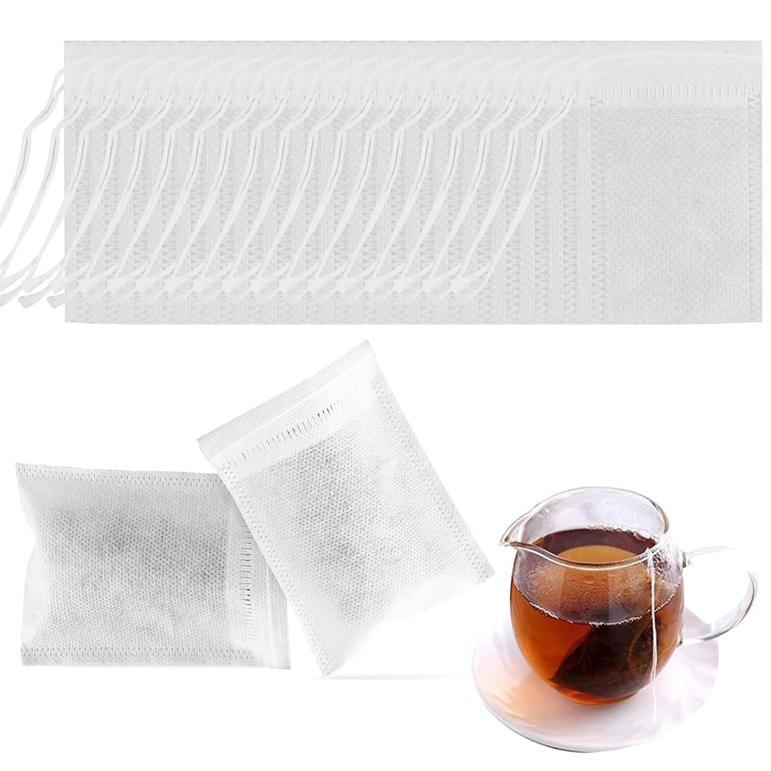 100 Disposable Tea Bags - Empty Tea Filter Bags with Drawstring, Great for Loose Leaf Tea and Herbal Tea - Clean and Convenient