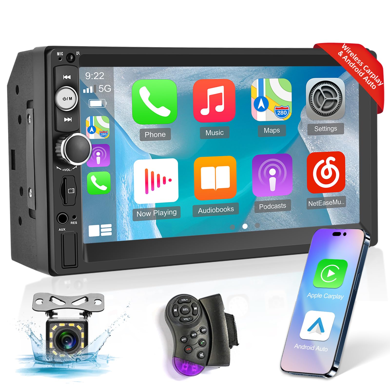 Rimoody Double Din Wireless Carplay Car Radio Android Auto, 7'' Touch Screen 2 Din Car Stereo With Mirror Link Bluetooth FM EQ Fast Charge Support