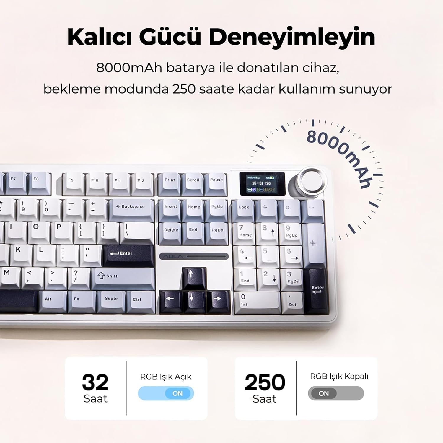 AULA F108 PRO Tastiera da gioco wireless con schermo, batteria da 8000 mAh, 104 tasti e manopola sostituibili a caldo e programmabili, retroilluminazione RGB, per Mac/PC/Android.