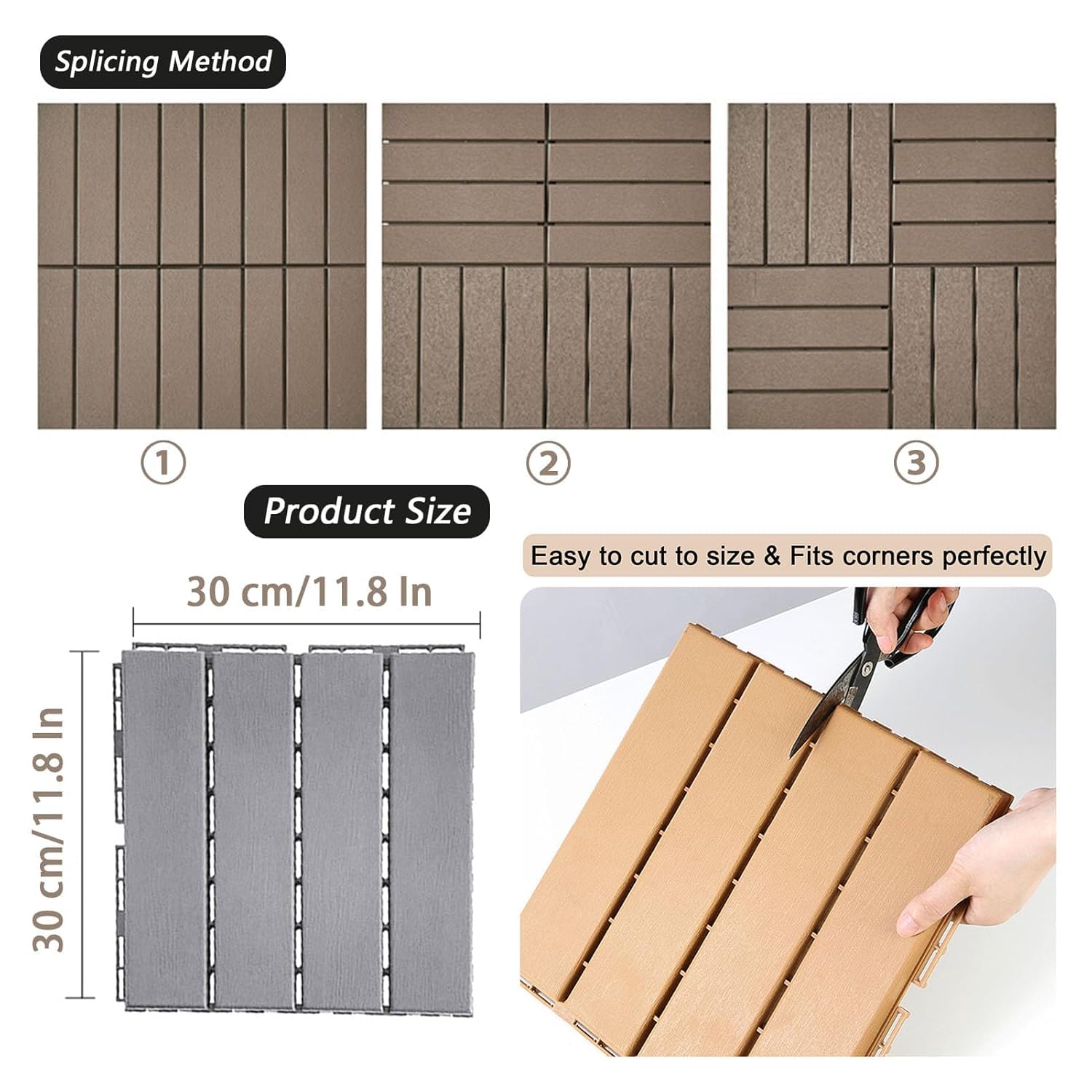 Dalles et lames de terrasse en composite, Dalles de terrasse emboîtables multicolores 30x30x2cm 10 pièces(Brick)