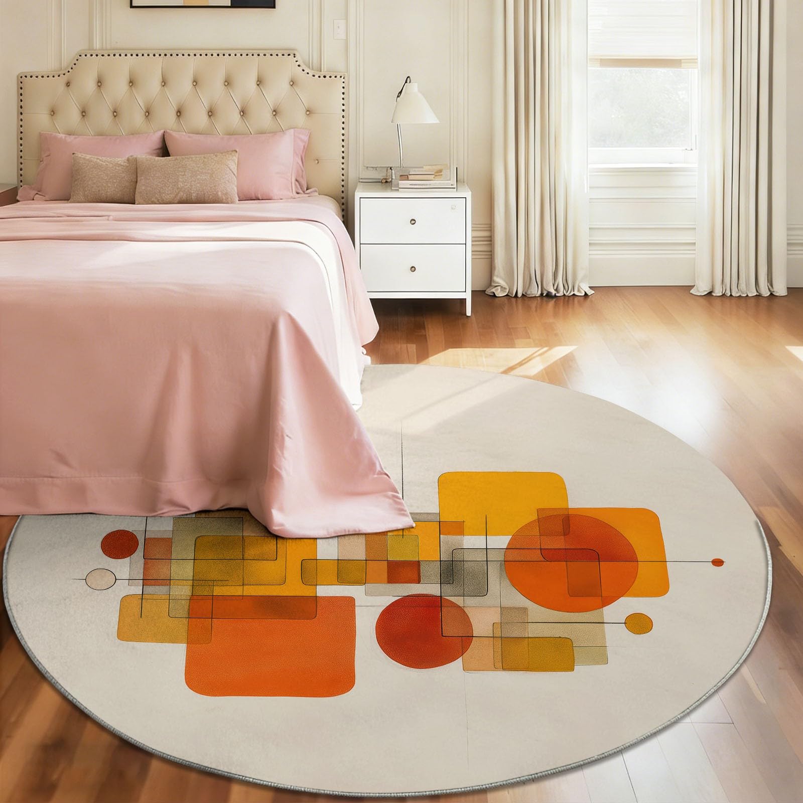 Abstrakt Farbblöcke Runder Teppich rutschfest 120 cm für Esszimmer & Flur, Beige für Esszimmer & Flur, Mid-Century Geometrisch Linien Weicher Kurzflor Teppich Waschbar Pflegeleicht
