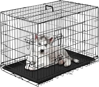 PayLessHere 24" Small Dog Crate Kennel - Folding Metal Double-Door Puppy Cage with Divider, Leak-Proof Tray & Handle for Travel