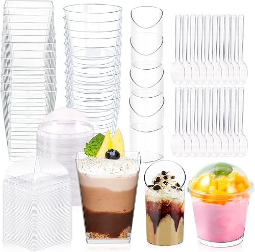 ALEXPRE Paquete de 400 tazas de postre de 3 onzas y 5 onzas con tapas y cucharas, 3 estilos de vasos de plástico transparente desechables para ALEXPRE Paquete de 400 tazas de postre de 3 onzas y 5 onzas con tapas y cucharas, 3 estilos de vasos de plástico transparente desechables para