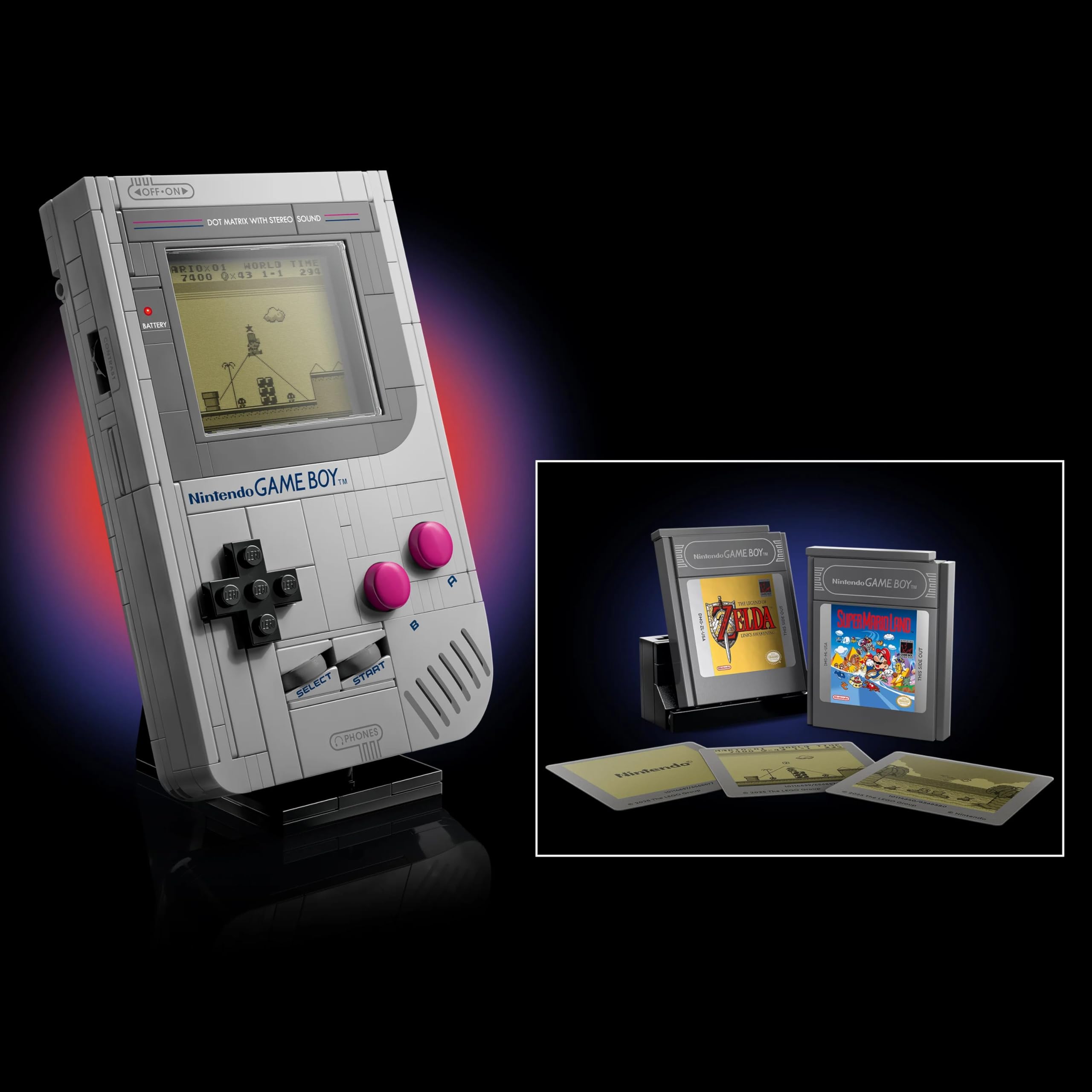 LEGO Game Boy, zestaw dla dorosłych, pomysł na prezent dla graczy, model kolekcjonerski dla mężczyzny i fanów retro gier Nintendo, replika konsoli z Game Pakami i ekranami soczewkowymi 72046