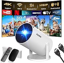 [App Intégrée] Mini Vidéoprojecteur 1080P 4K Supporte Mini Projecteur Portable, Dual Contrôle avec Souris Android TV WiFi 6 BT5.2 180° Rotation HDMI/TV Stick/USB/PS5/Laptop, avec HDMI et Souris, Blanc