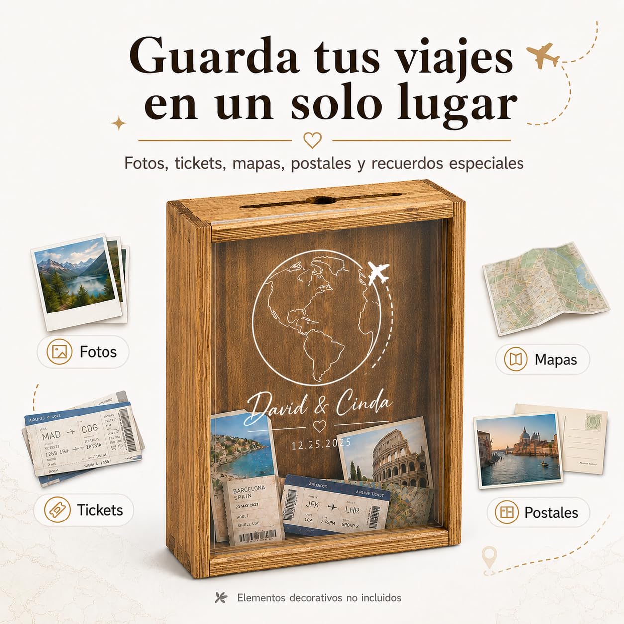 Caja de Recuerdos de Viaje Personalizada, Caja de Fotos Personalizadas con Marco de Madera Maciza y Ranura Superior, para Tickets, Mapas y Postales, Regalo Personalizado para Viajeros y Parejas