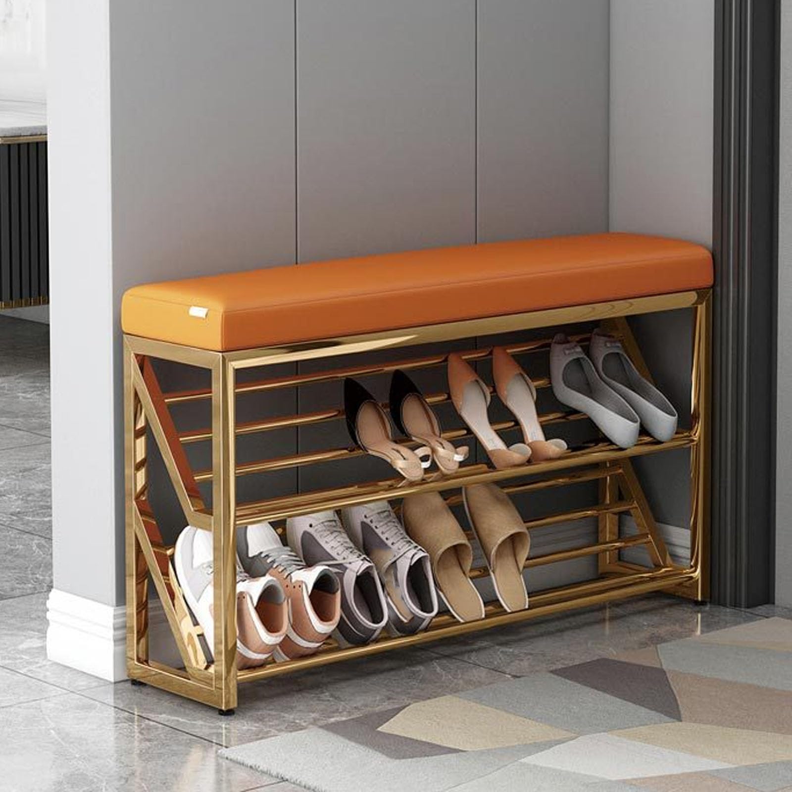 LWJSOCP 2 Tier Shoe Storage Bench with Padded Cushion Seat Compact Entryway Shoes Rack Metal Legs nizer Stool for Hallway Mudroom 80cm Shoe Bench