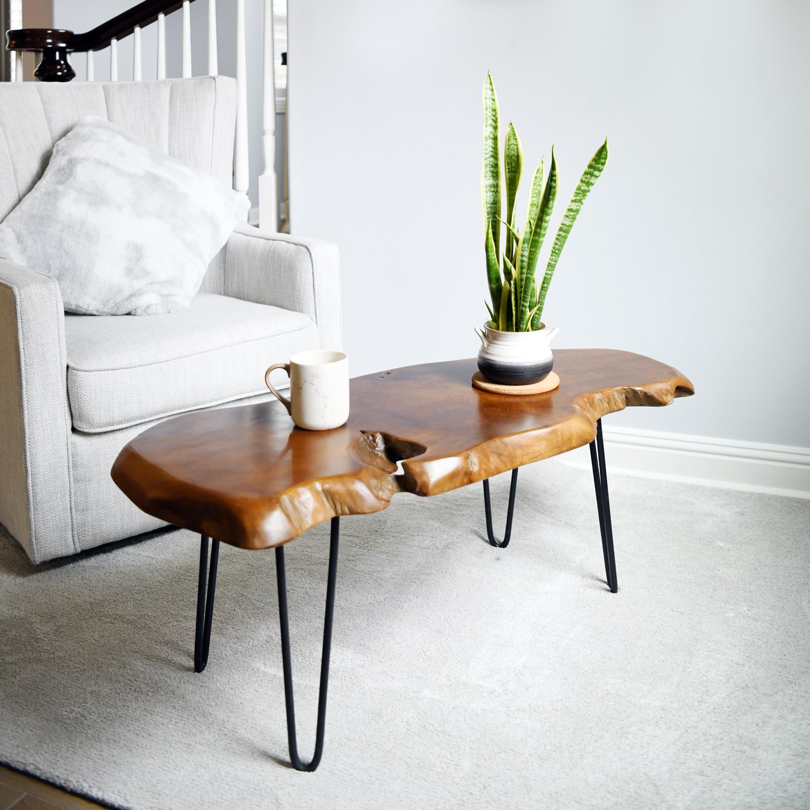 WELLAND Live Edge Natural Teak Wood Coffee Table with Metal Legs