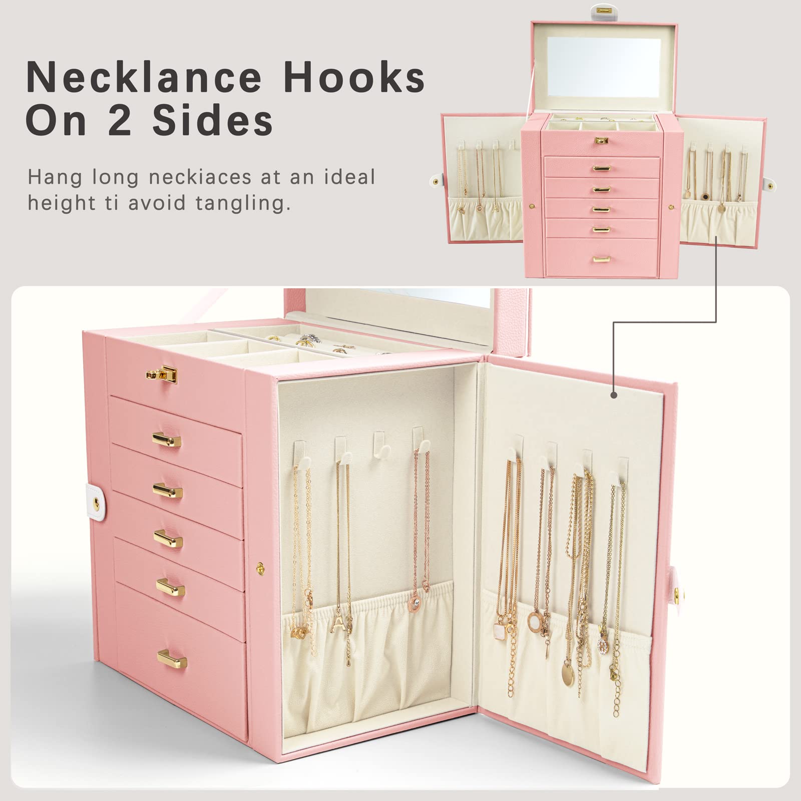 ASINGYER Grande Boîte à Bijoux Pour Femme, Organiseur à Bijoux à 6 Couches Avec Couvercles En Verre, 5 Tiroirs Et 2 Portes En Verre Pour Rangement De