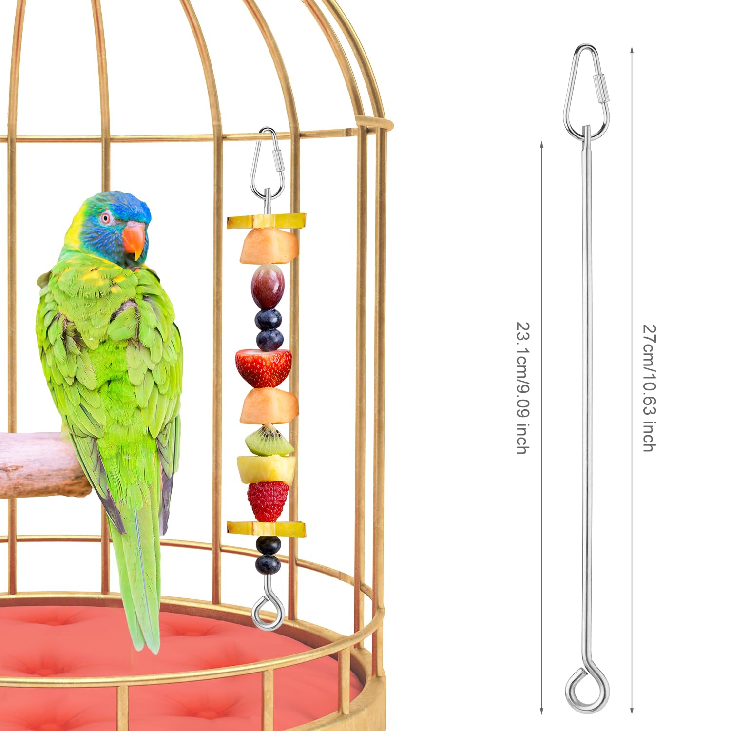 NQEUEPN 3pcs Parrot Fruit Skewer, Stainless Steel Bird Vegetable Skewer with Hook Bird Food Holder Cage Food Stick Feeder Skewer Parrot Foraging Toy for Budgies, Parakeets, Macaws, Medium, silver