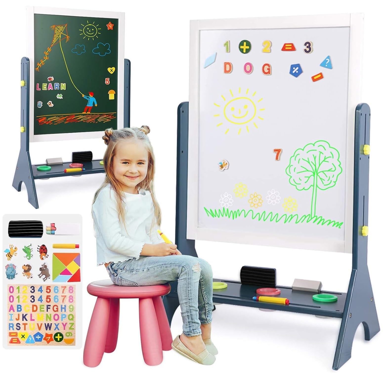 Chevalet Enfant Double Face Réglable - Tableau Blanc + Noir + Rouleau Papier - Avec Accessoires (peinture, Feutres, Lettres) - Dès 3 Ans