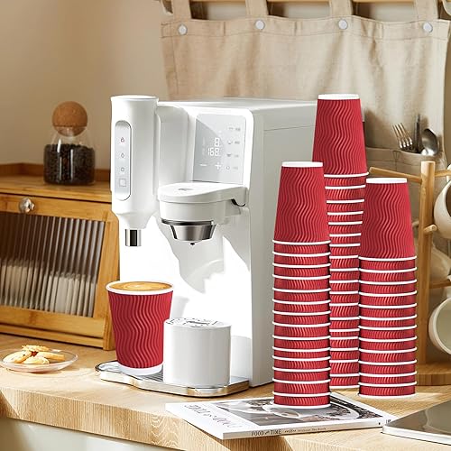 Miniatura 4 de Lamosi 12 OZ Tazas de café desechables con tapas, paquete de 50, taza de papel aislada con pared ondulada corrugada para bebidas calientes (Rojo)