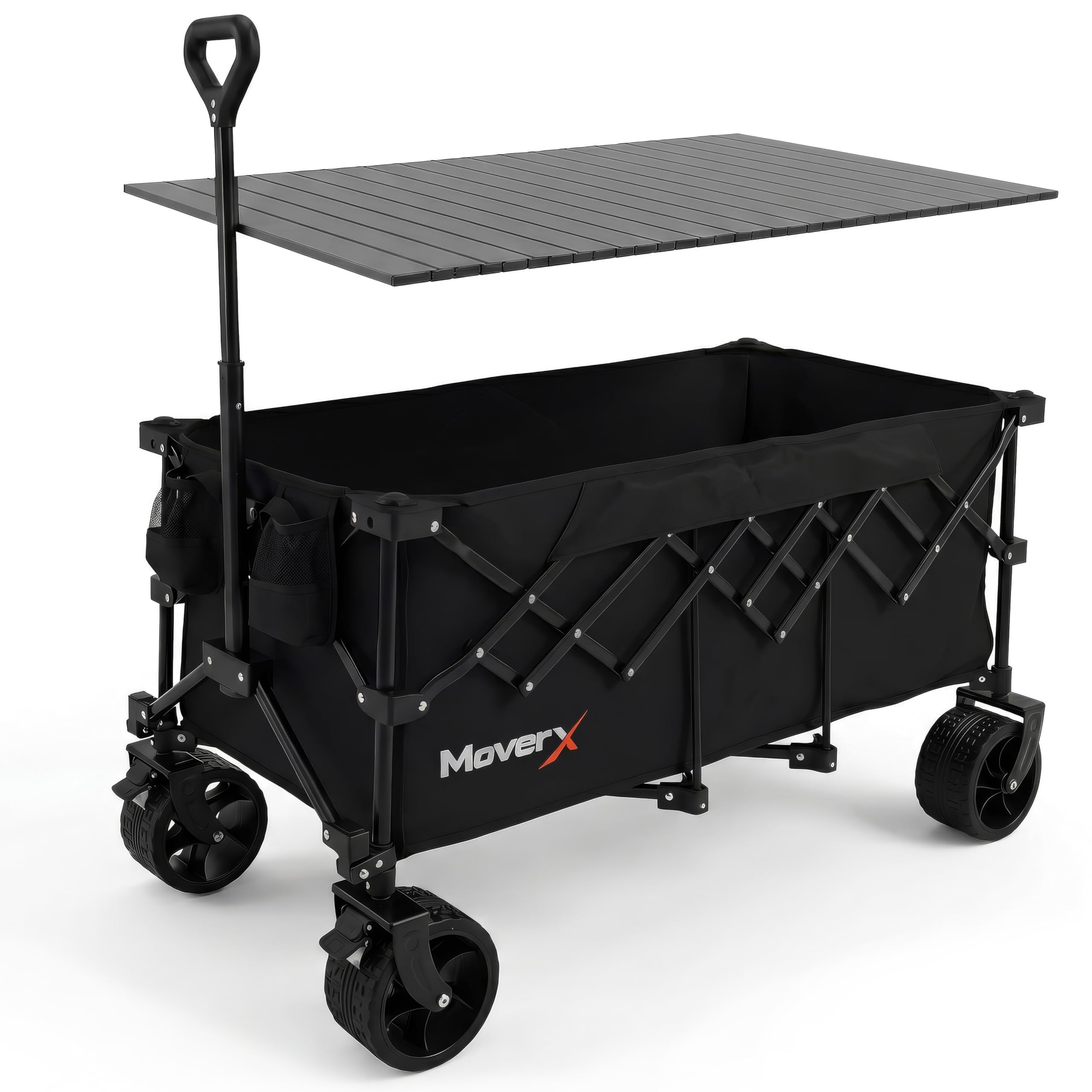 Moverx Black 300L Camping Trolley On Wheels, Table Folding Wagon, Portable Camping Cart, Foldable Trolly For Festival Beach Outdoor Garden Picnic Shopping Fishing, Wide Wheels, Adjustable Handle,